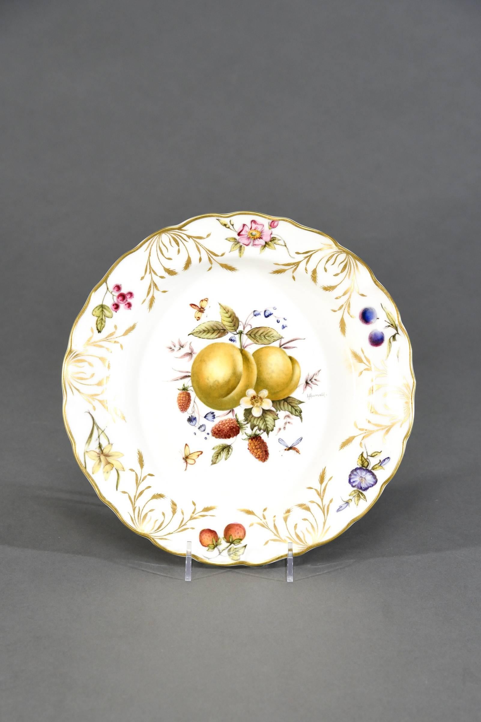 Porcelain 12 Royal Worcester Hand-Painted Dessert Plates with Fruit Artist Signed Hummel For Sale