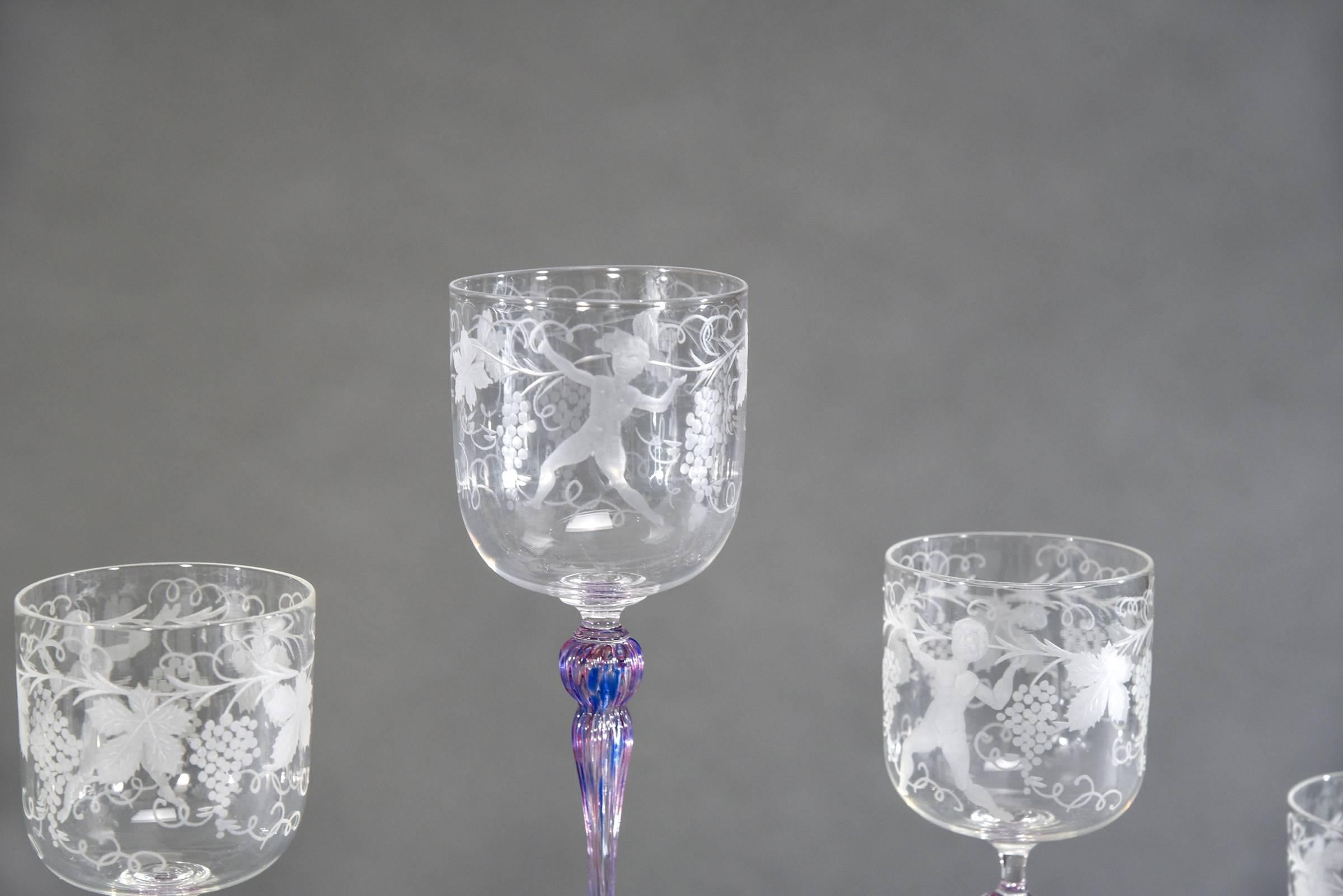 14 Venetian Bacchus and Grape Vine Engraved Pattern Goblets with Purple Stem In Excellent Condition In Great Barrington, MA