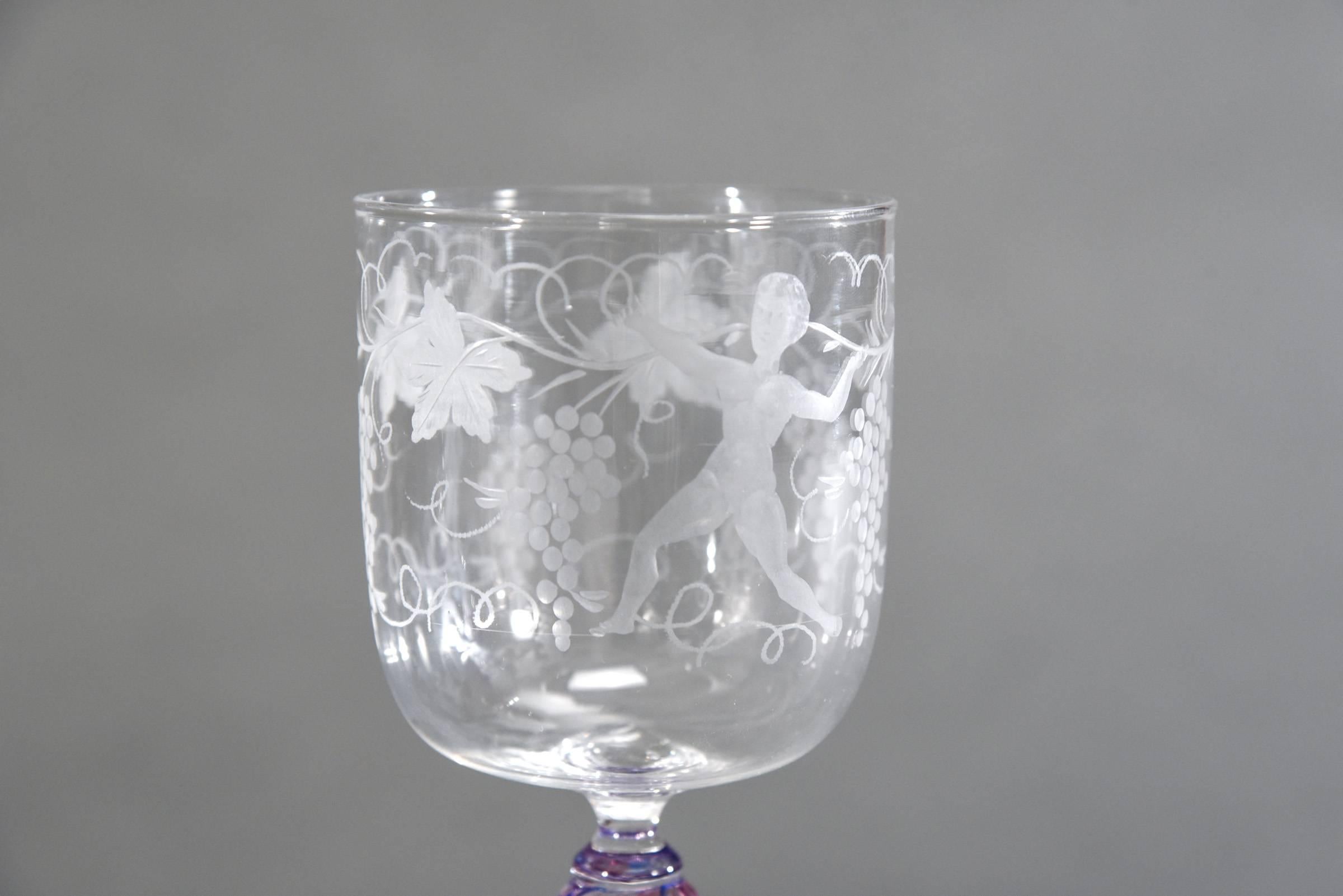 Early 20th Century 14 Venetian Bacchus and Grape Vine Engraved Pattern Goblets with Purple Stem