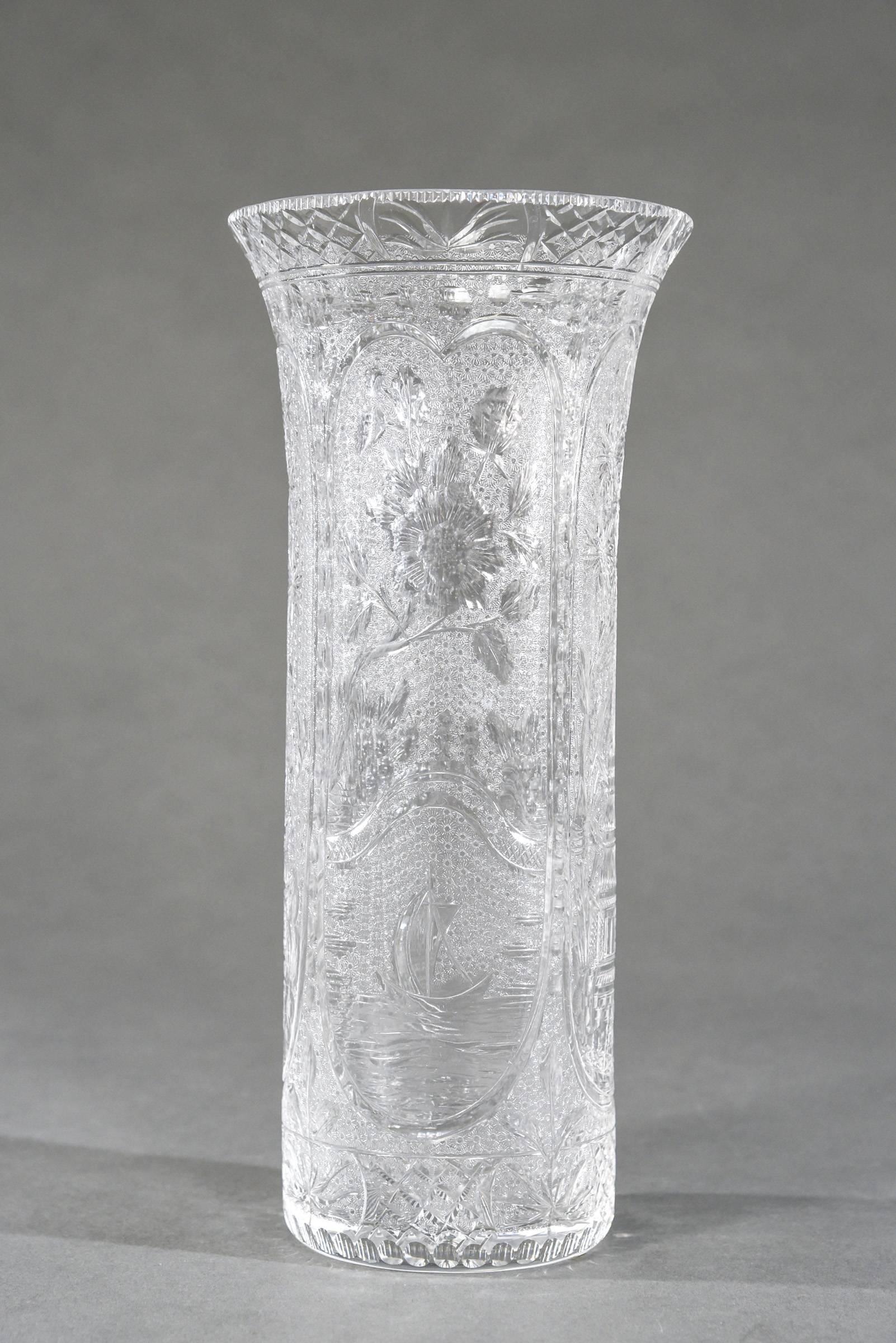 This is a rare handblown crystal vase made by Stevens and Williams, England, circa 1910. The 12.25