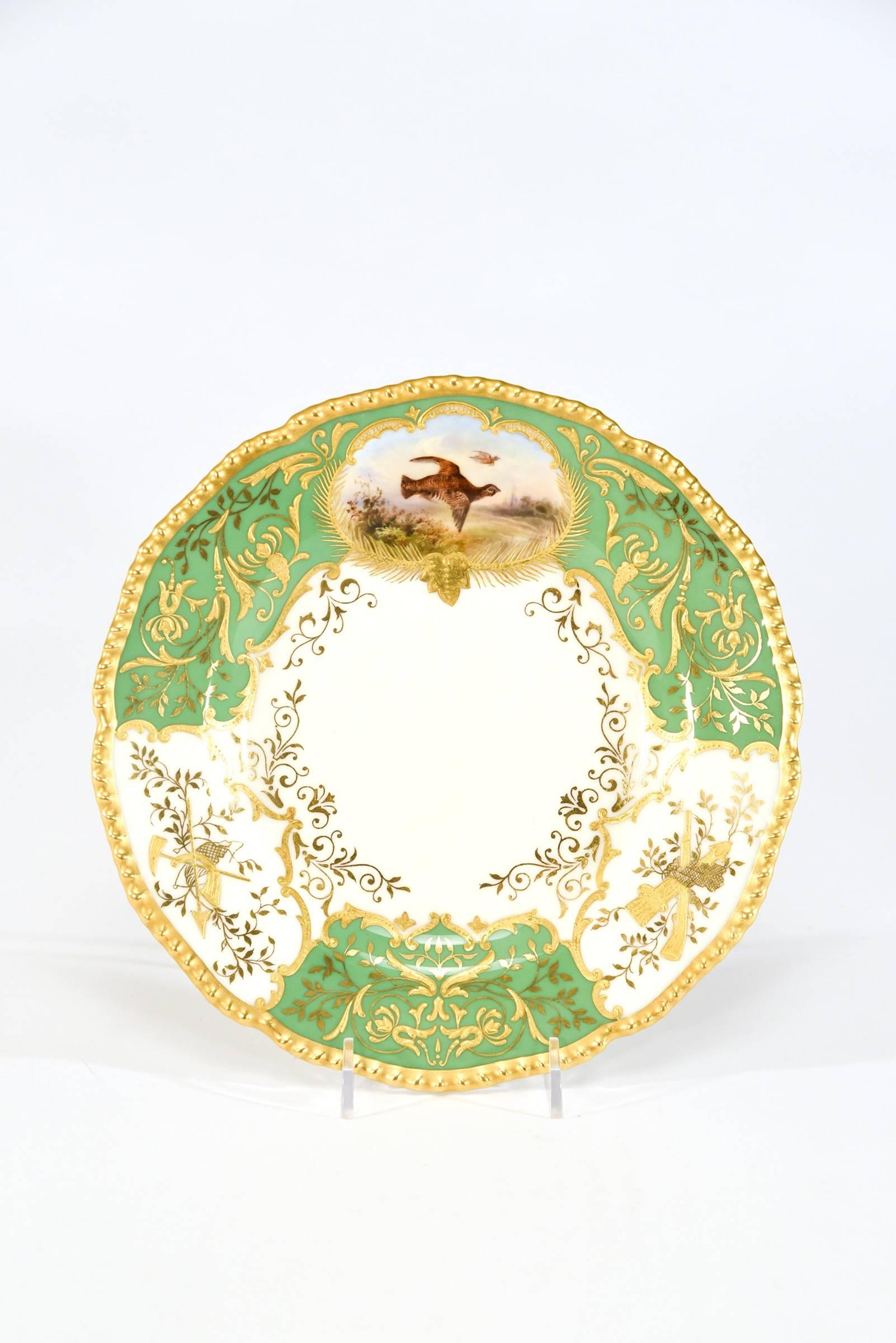 English 12 Coalport Green Raised Paste Gold & Hand Painted Bird Reserves & Named Birds For Sale