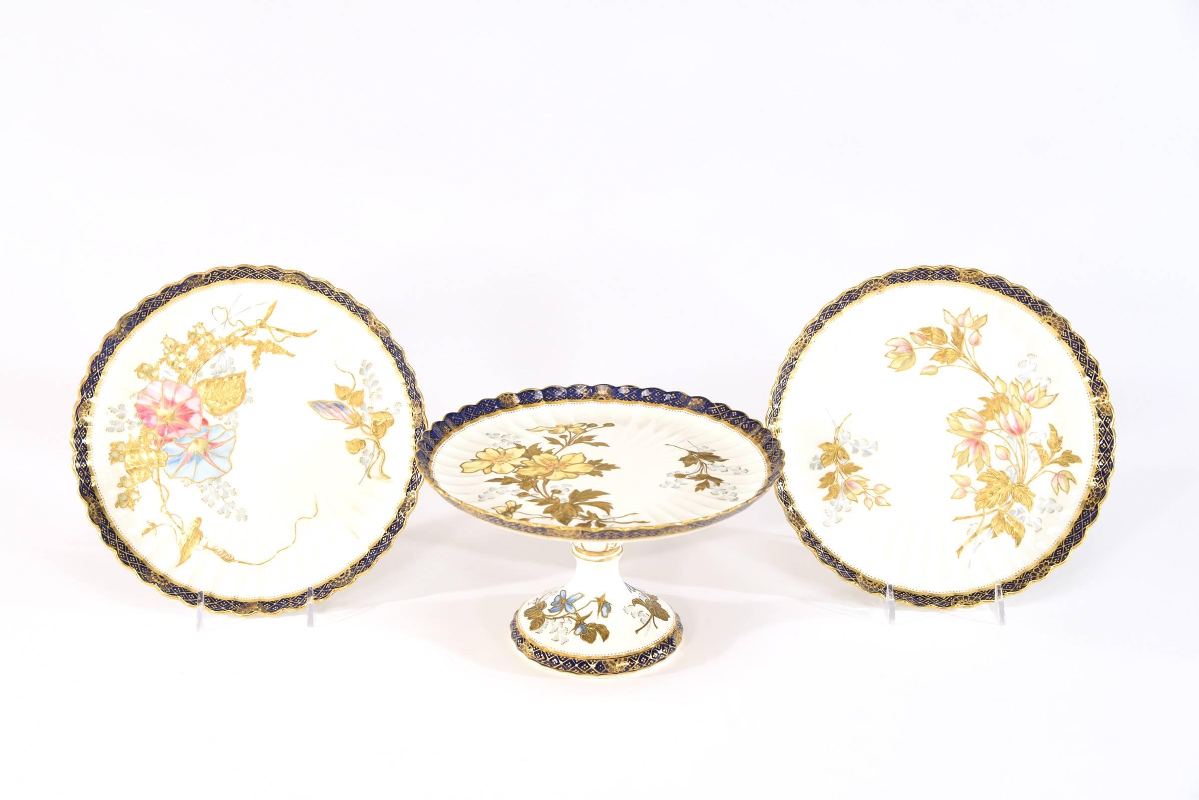 English 11 Piece Aesthetic Movement Hand Painted Blue/Gilt Dessert Set 10 Plates & Tazza