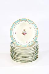 Set of 12 Derby 1830 Rimmed Soup Bowls with Turquoise, Gilt & Floral Centers