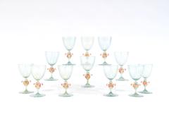 12 Venetian Murano Handblown Aqua Green & Gold Goblets with Pink Figural Swans
