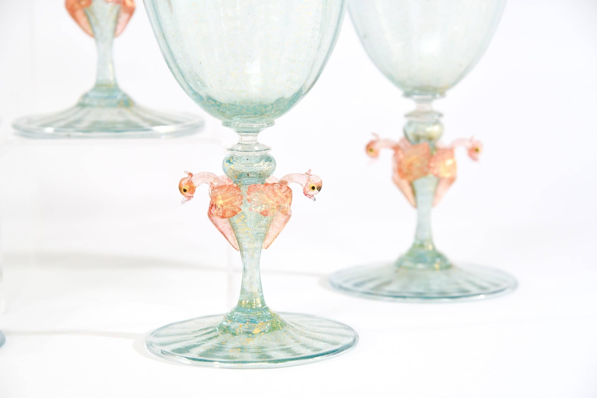 Gilt 12 Venetian Murano Handblown Aqua Green & Gold Goblets with Pink Figural Swans