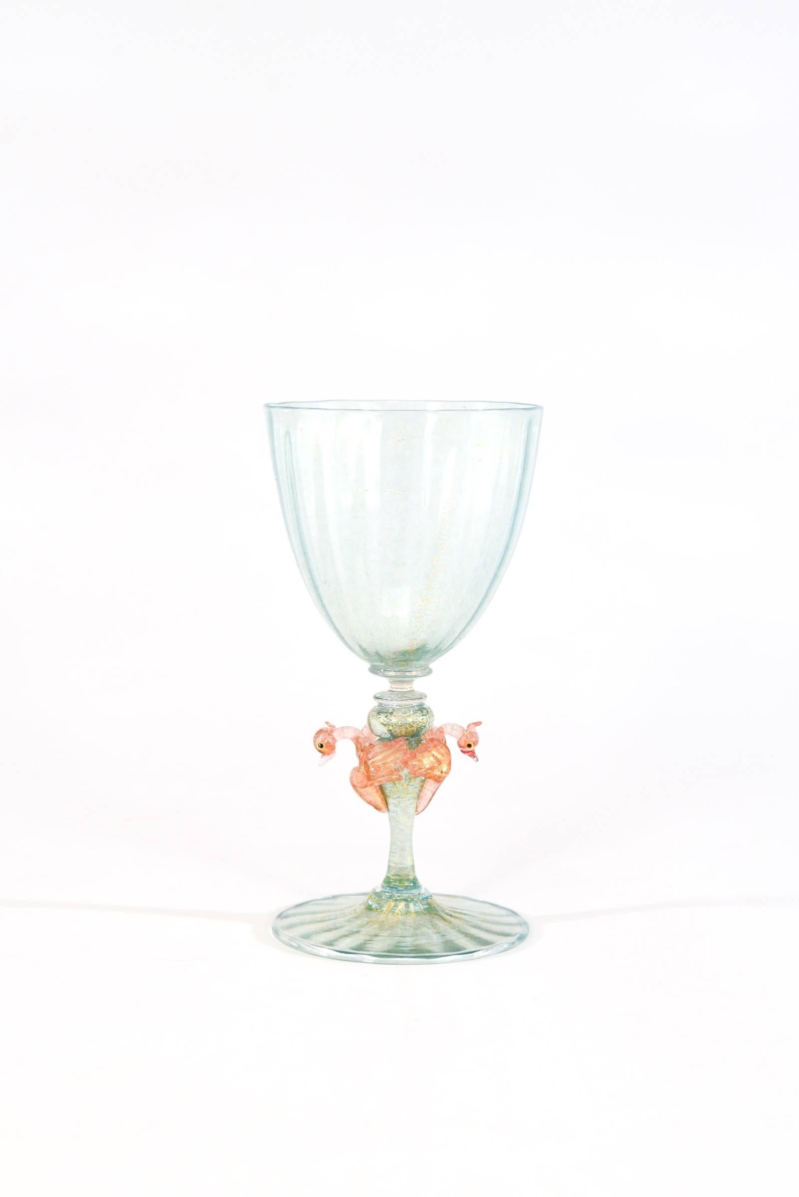 12 Venetian Murano Handblown Aqua Green & Gold Goblets with Pink Figural Swans In Excellent Condition In Great Barrington, MA