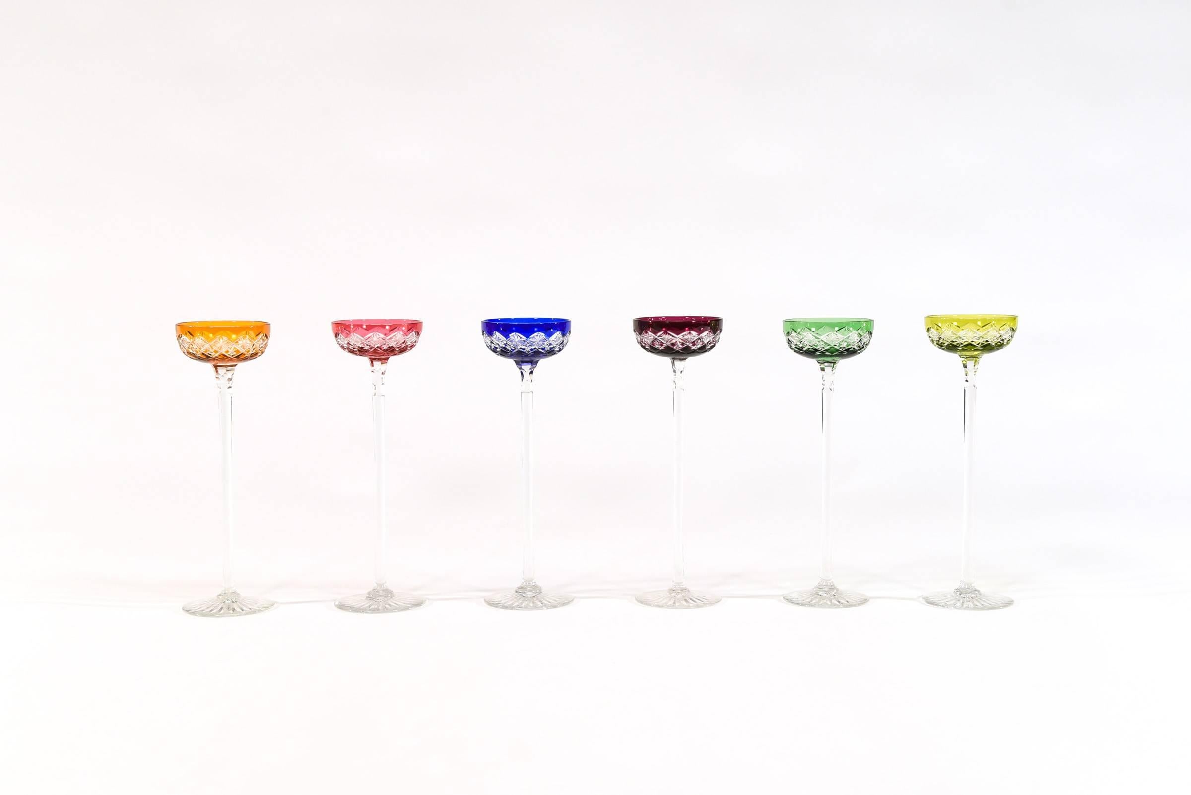 Art Deco Set of 6 Baccarat Multicolor Cut to Clear Tall Cordials with Cut Crystal Stems