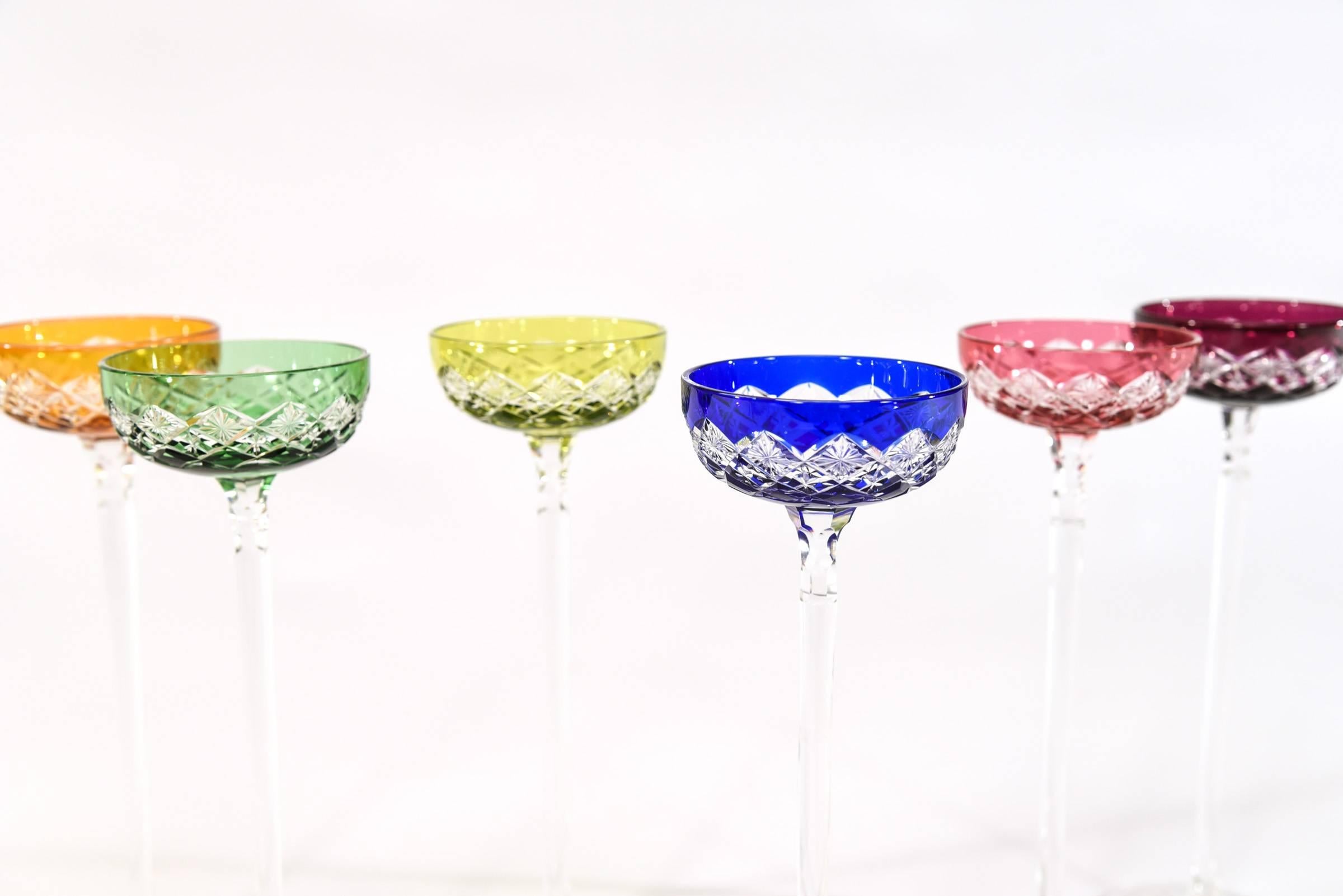 French Set of 6 Baccarat Multicolor Cut to Clear Tall Cordials with Cut Crystal Stems