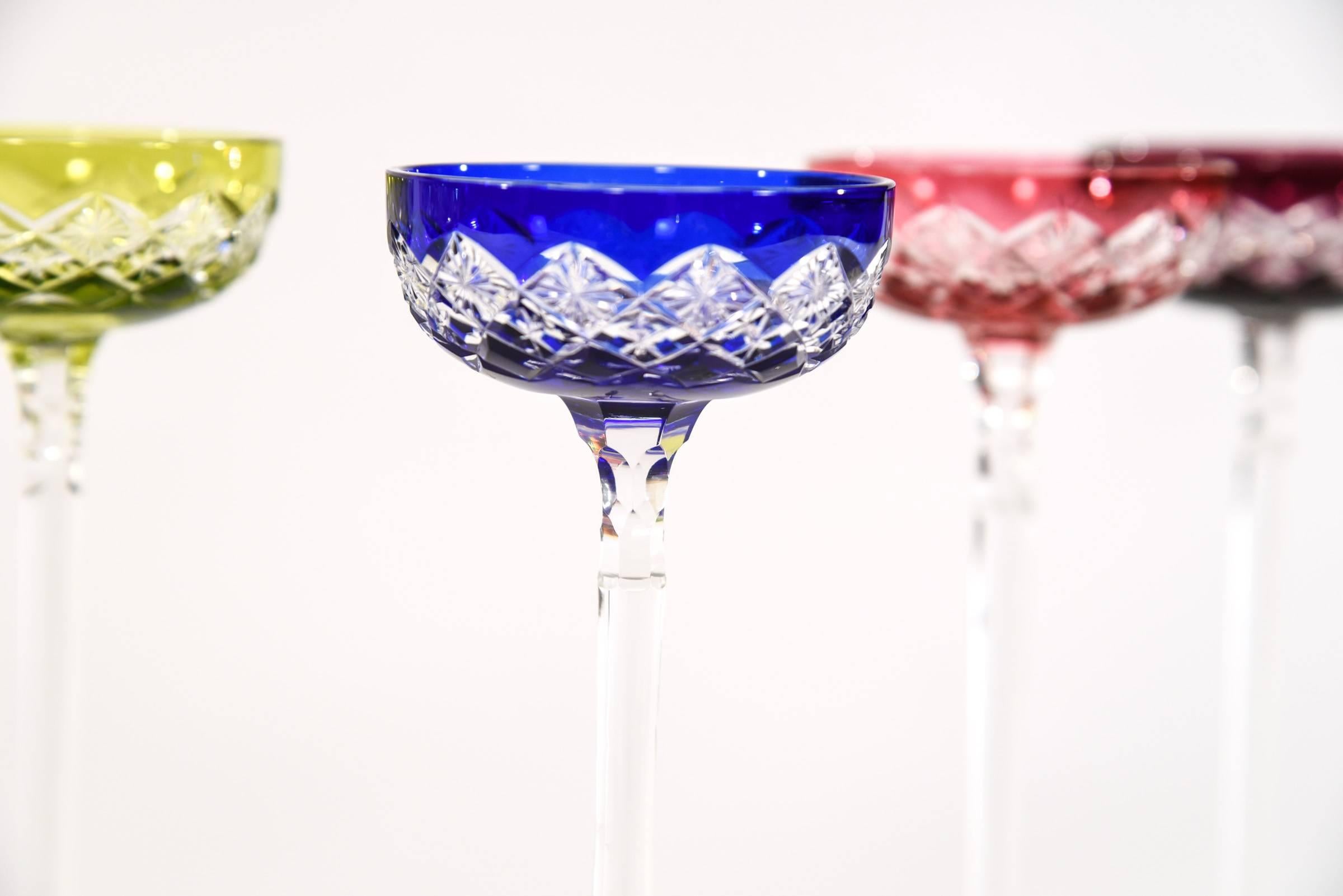 Engraved Set of 6 Baccarat Multicolor Cut to Clear Tall Cordials with Cut Crystal Stems