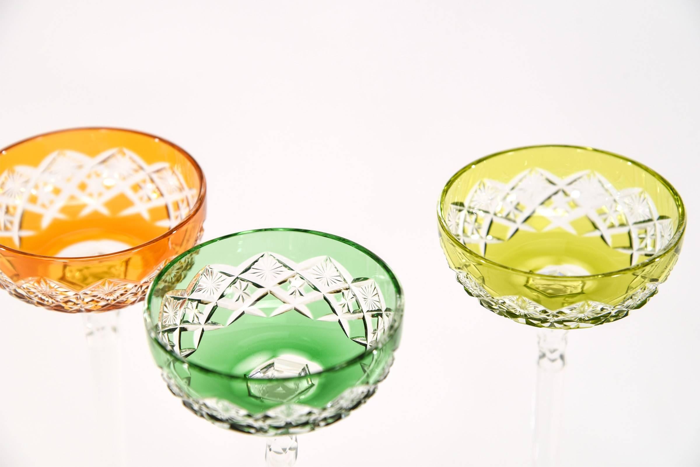Mid-20th Century Set of 6 Baccarat Multicolor Cut to Clear Tall Cordials with Cut Crystal Stems