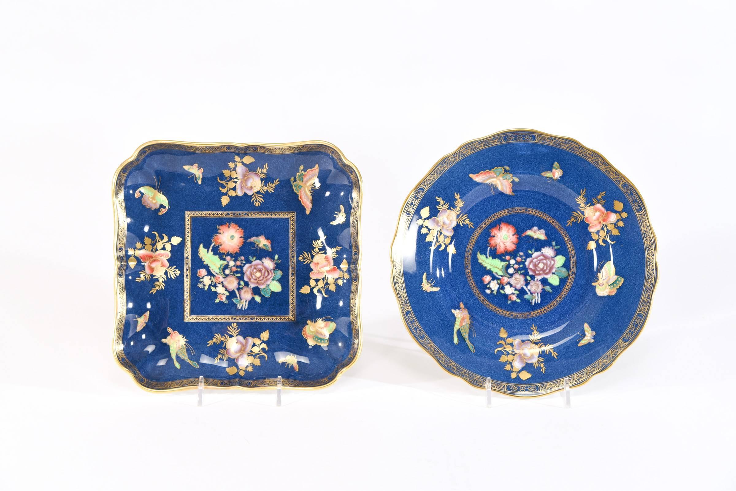 Aesthetic Movement Copeland Spode Dessert Set 8 Plates, 2 Square Plates Blue w/ Florals Butterfly For Sale