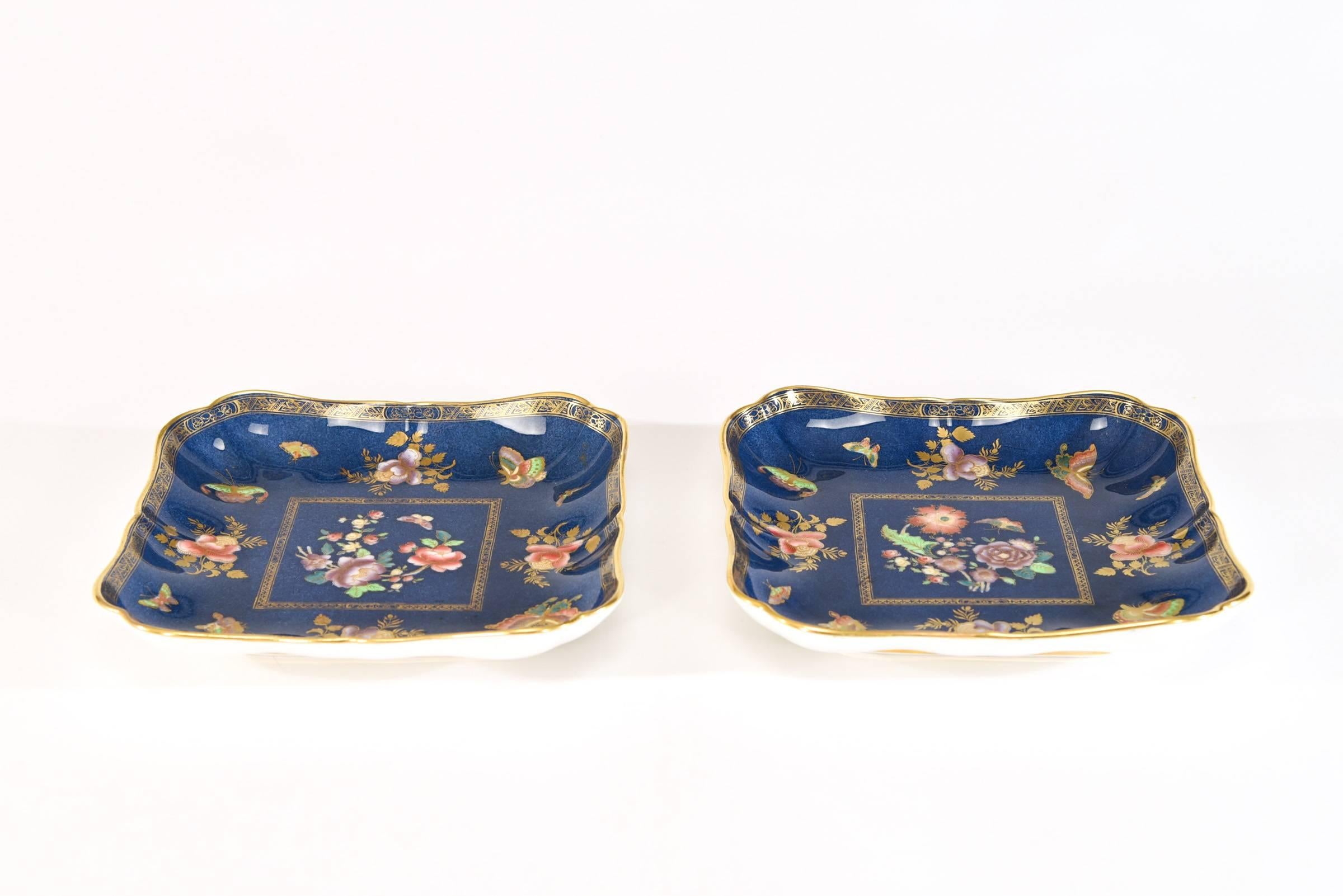 English Copeland Spode Dessert Set 8 Plates, 2 Square Plates Blue w/ Florals Butterfly For Sale