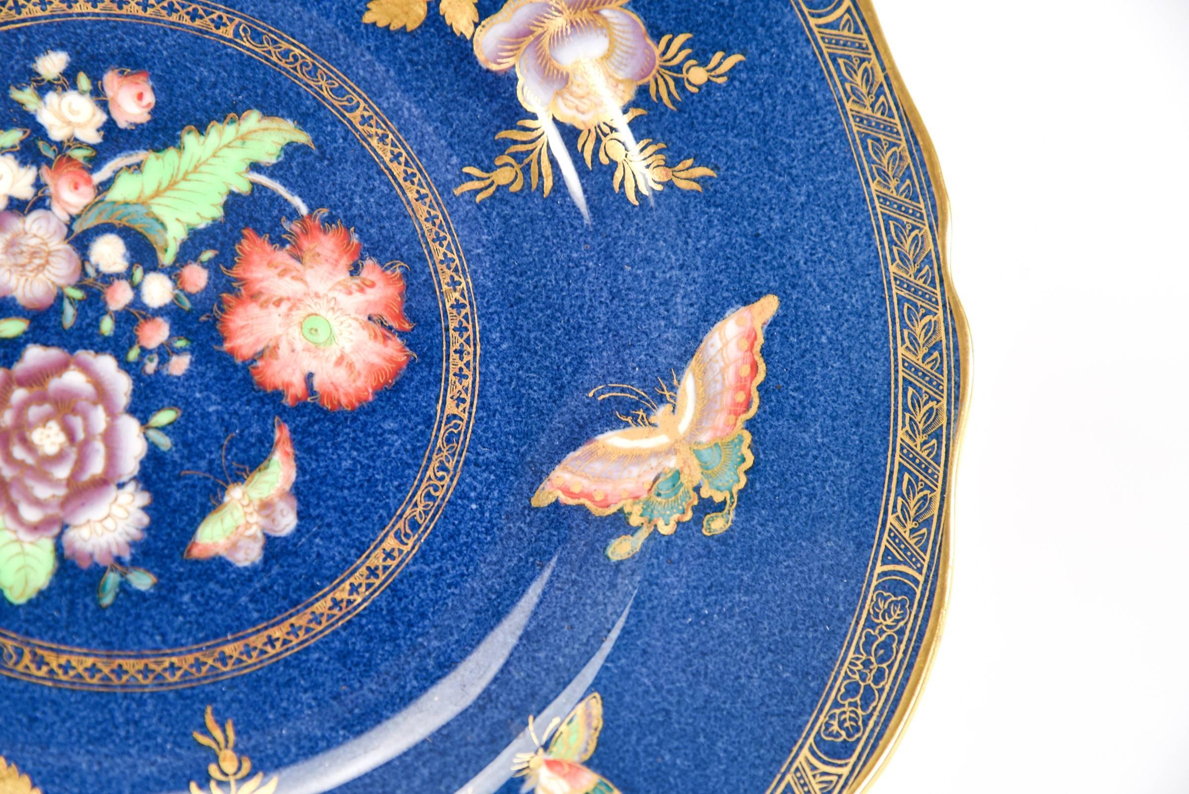 Copeland Spode Dessert-Set 8 Teller, 2 quadratische Teller, blau mit Blumen und Schmetterling, Cope (Frühes 20. Jahrhundert) im Angebot