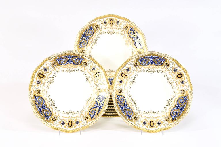 12 Coalport for Tiffany 1899 Gold, Ivory and Cobalt Blue Dinner Plates
