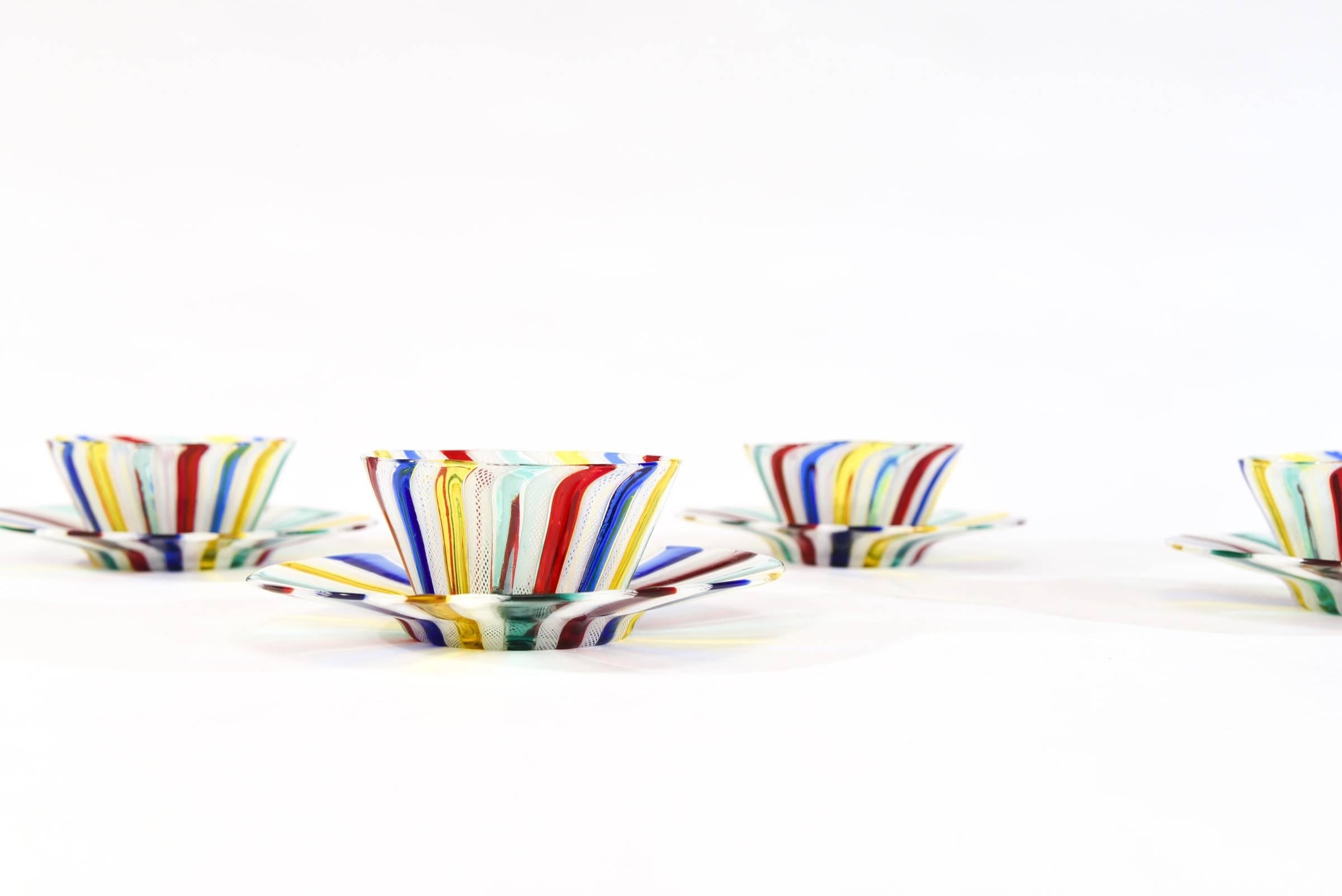 8 Venetian Hand Blown Bowls & Stands w/ Primary Colors Latticino Decoration In Excellent Condition In Great Barrington, MA
