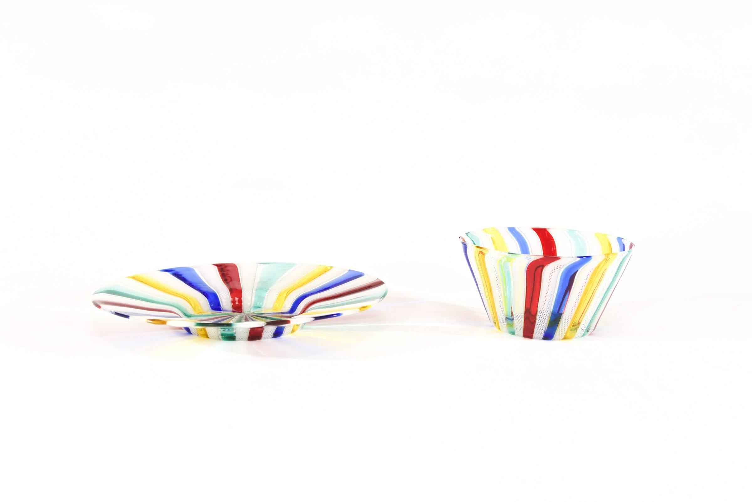 8 Venetian Hand Blown Bowls & Stands w/ Primary Colors Latticino Decoration 1