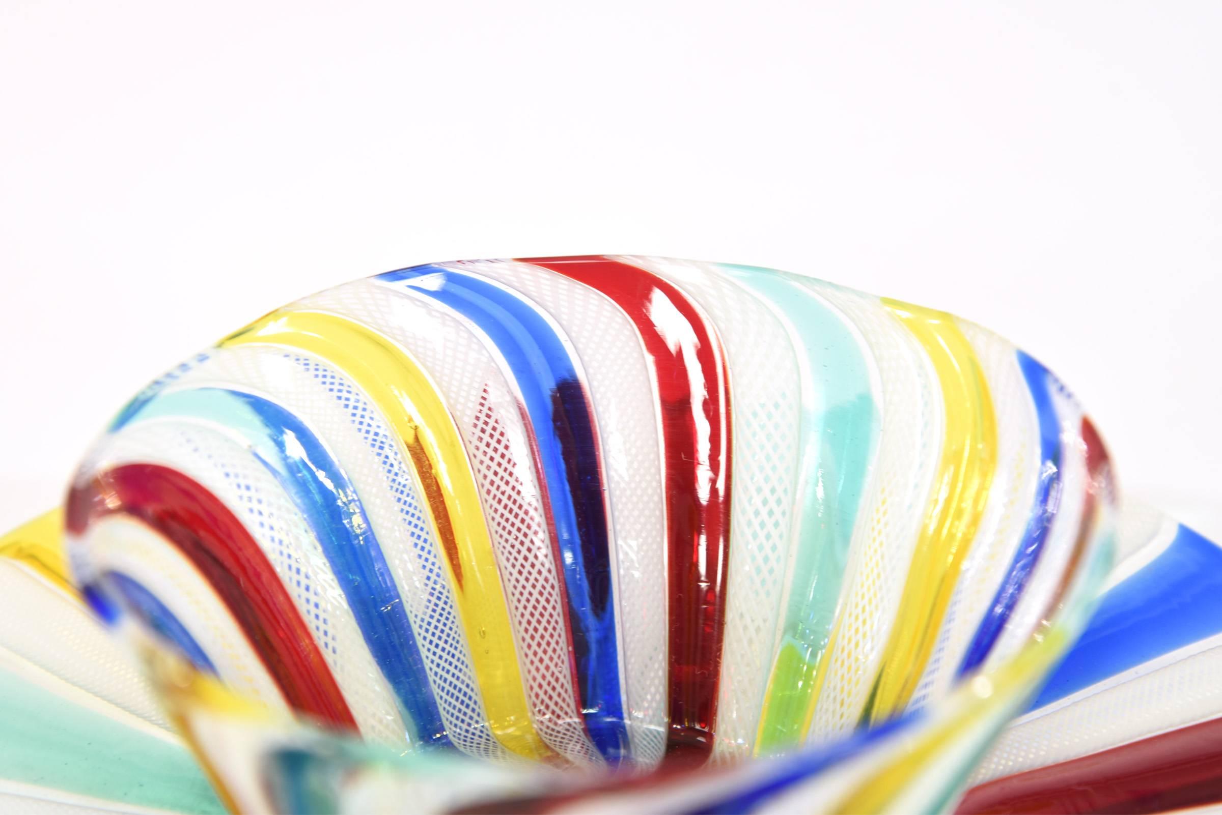 Blown Glass 8 Venetian Hand Blown Bowls & Stands w/ Primary Colors Latticino Decoration