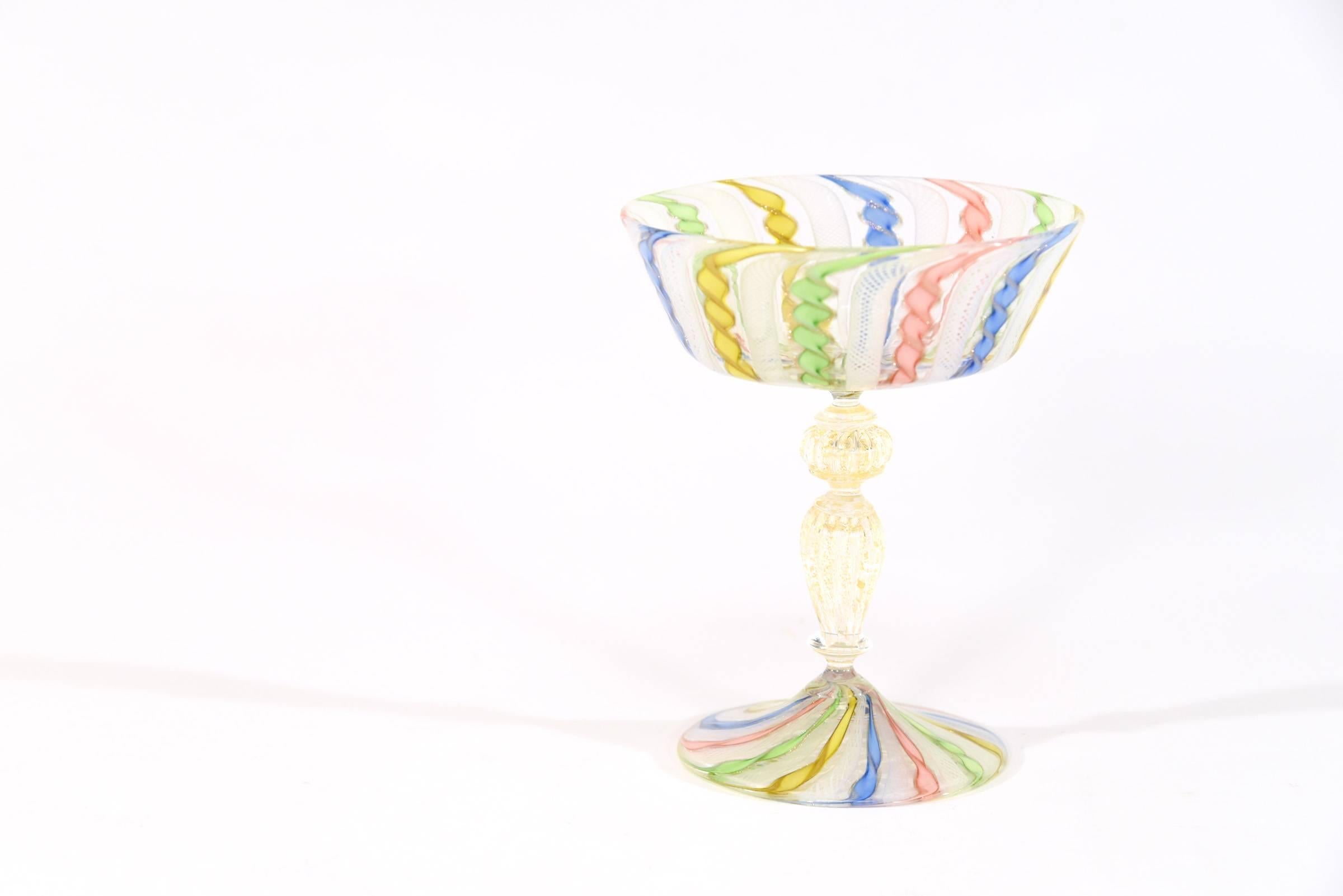 Blown Glass 8 Handblown Venetian Latticino Multicolor Champagnes with Gold Leaf Inclusions