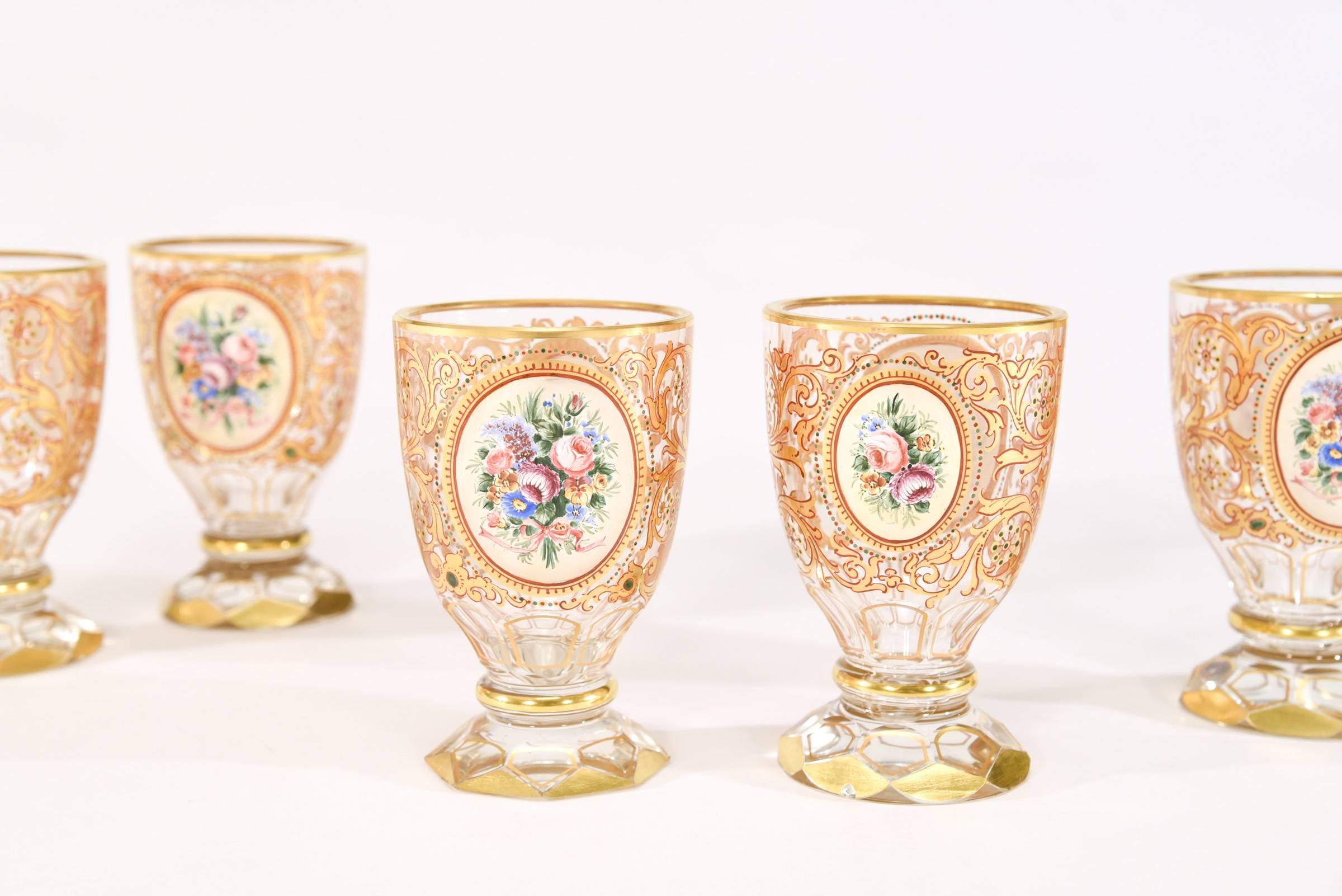 Bohemian 12 19th Century Crystal Tumblers with Polychrome Enamel Reserves Gold For Sale