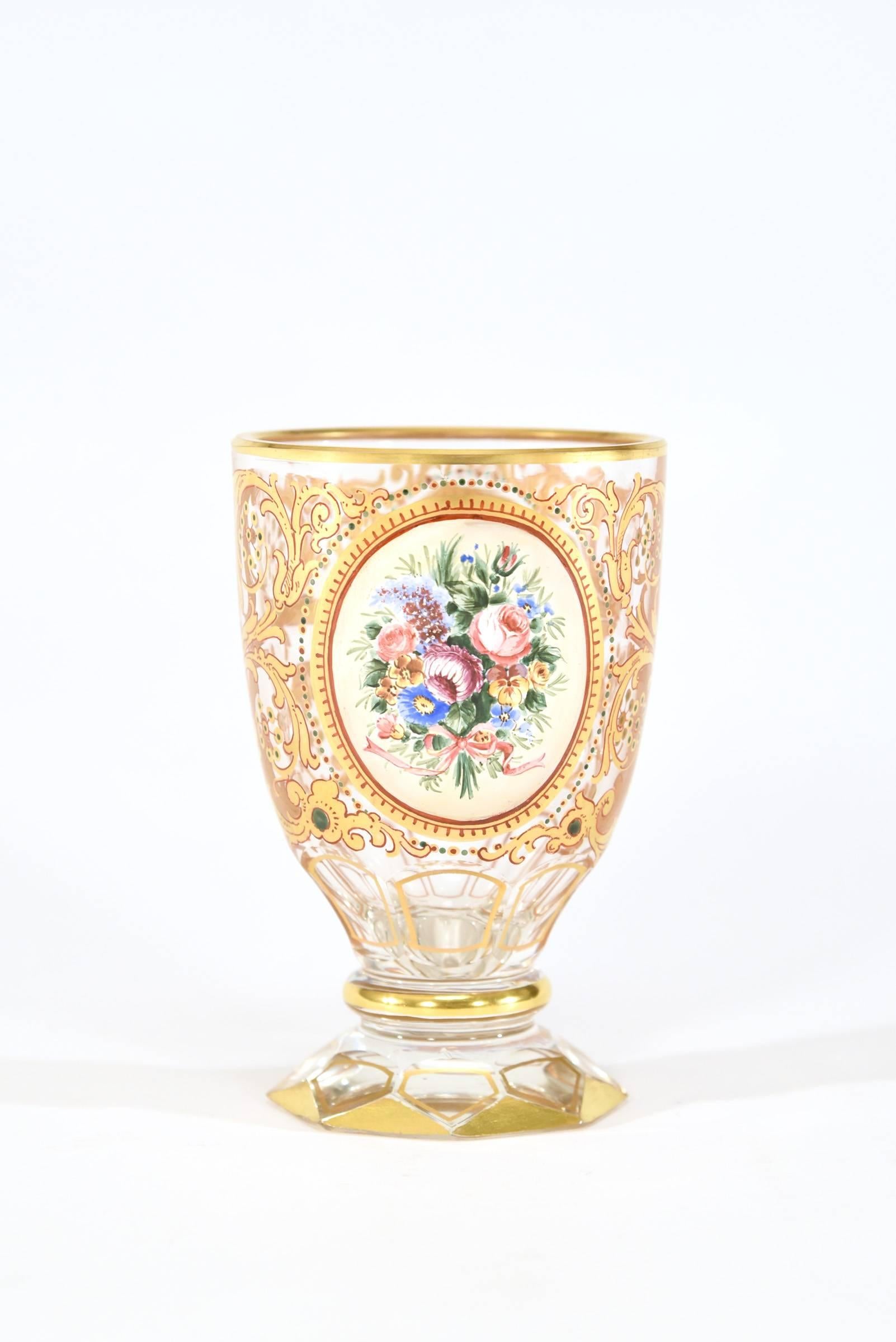 Enameled 12 19th Century Crystal Tumblers with Polychrome Enamel Reserves Gold For Sale