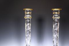 Pair of Moser Handblown Crystal Candlesticks with Intaglio Poppy Pattern & Gold