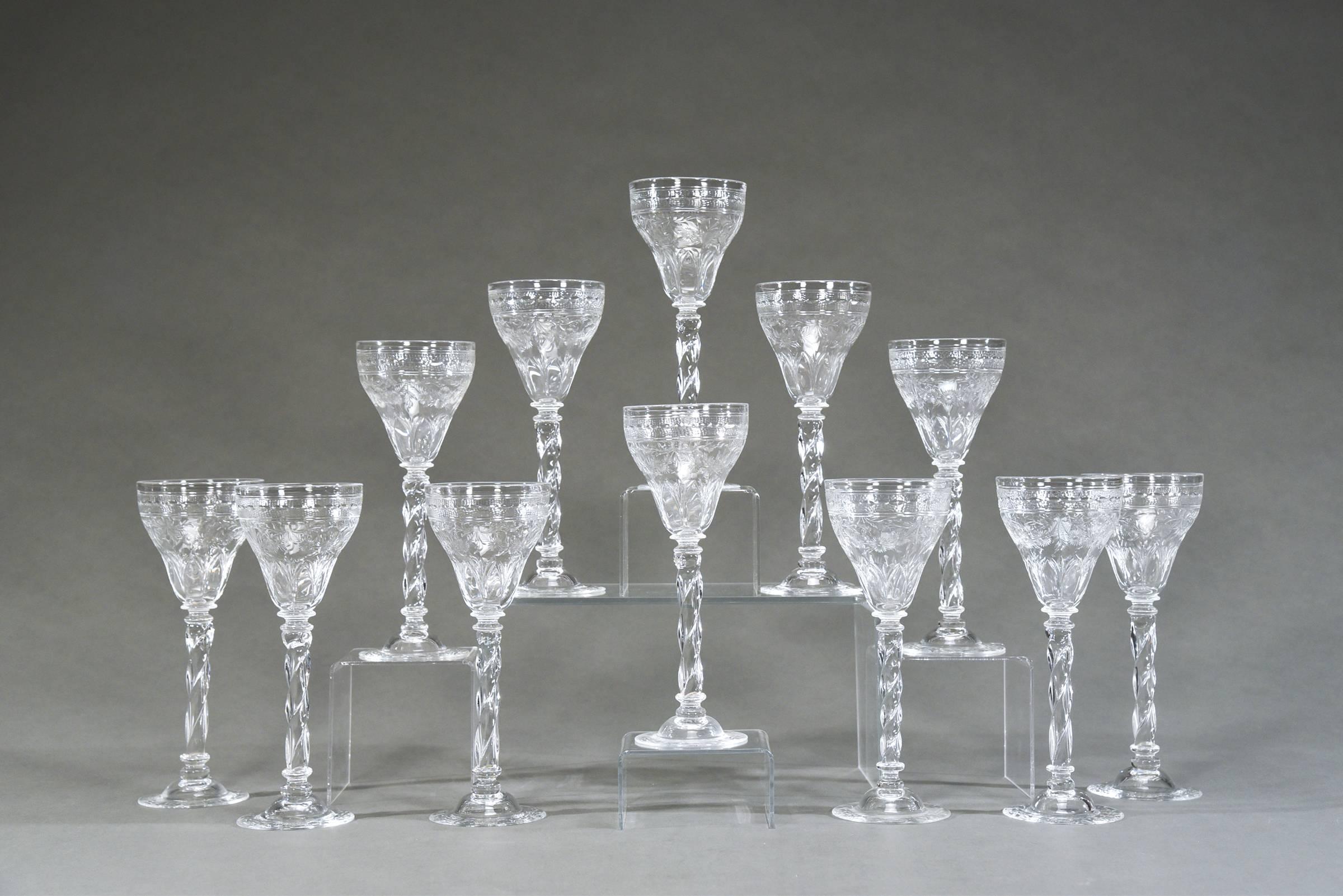 This set of 12 handblown crystal goblets are made by Webb, England and are clearly, a cut above the rest when it comes to design and elegance. They feature an elongated spiral twist stem and a substantial sized goblet, perfect for your favourite