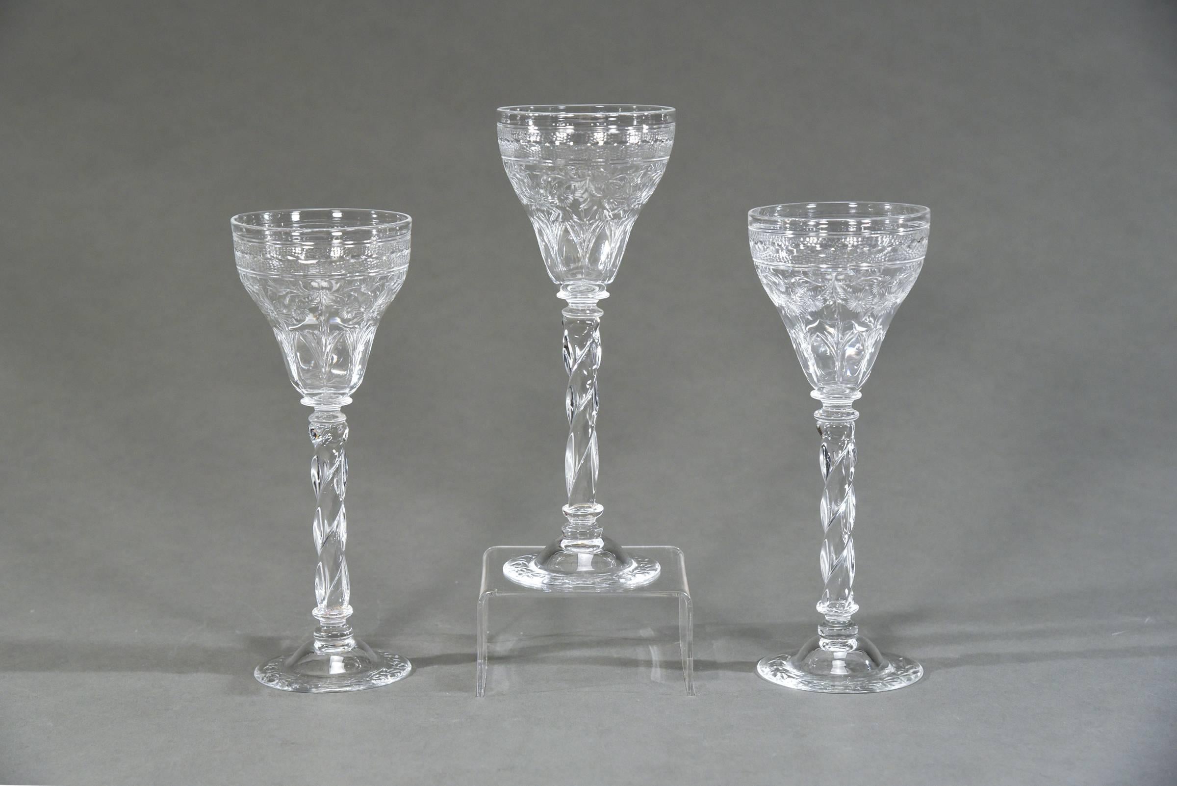 English Set of 12 Webb Tall Handblown Crystal Goblets with Wheel Cutting and Spiral Stem