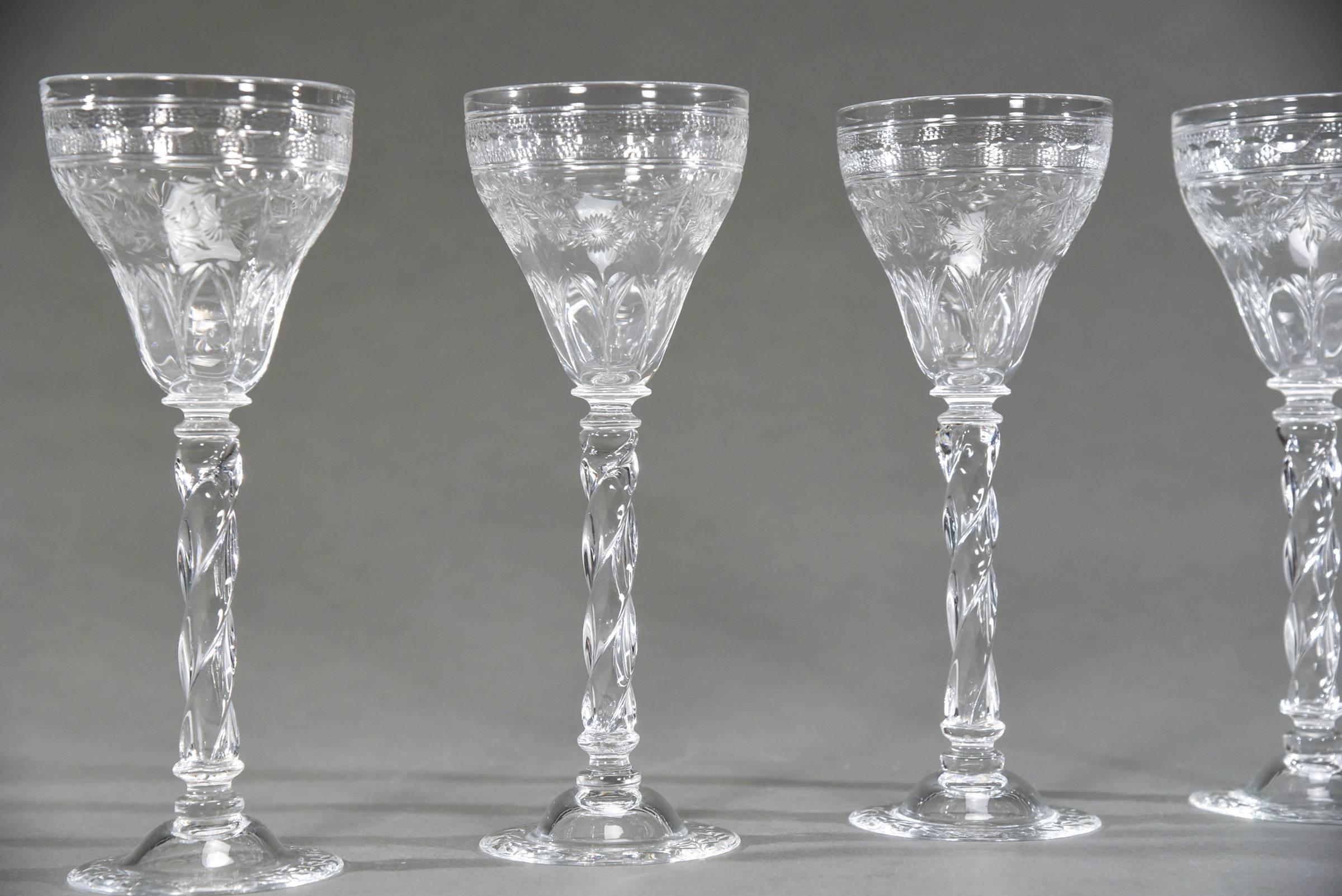 Engraved Set of 12 Webb Tall Handblown Crystal Goblets with Wheel Cutting and Spiral Stem