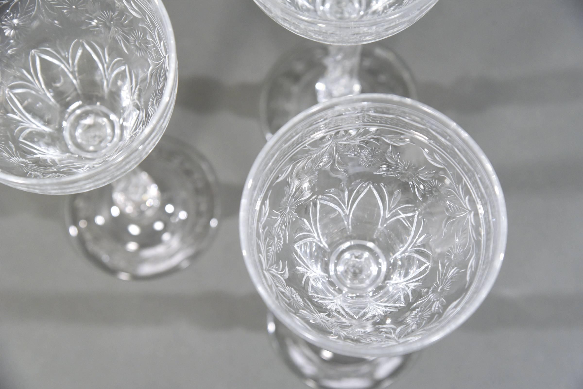 Early 20th Century Set of 12 Webb Tall Handblown Crystal Goblets with Wheel Cutting and Spiral Stem