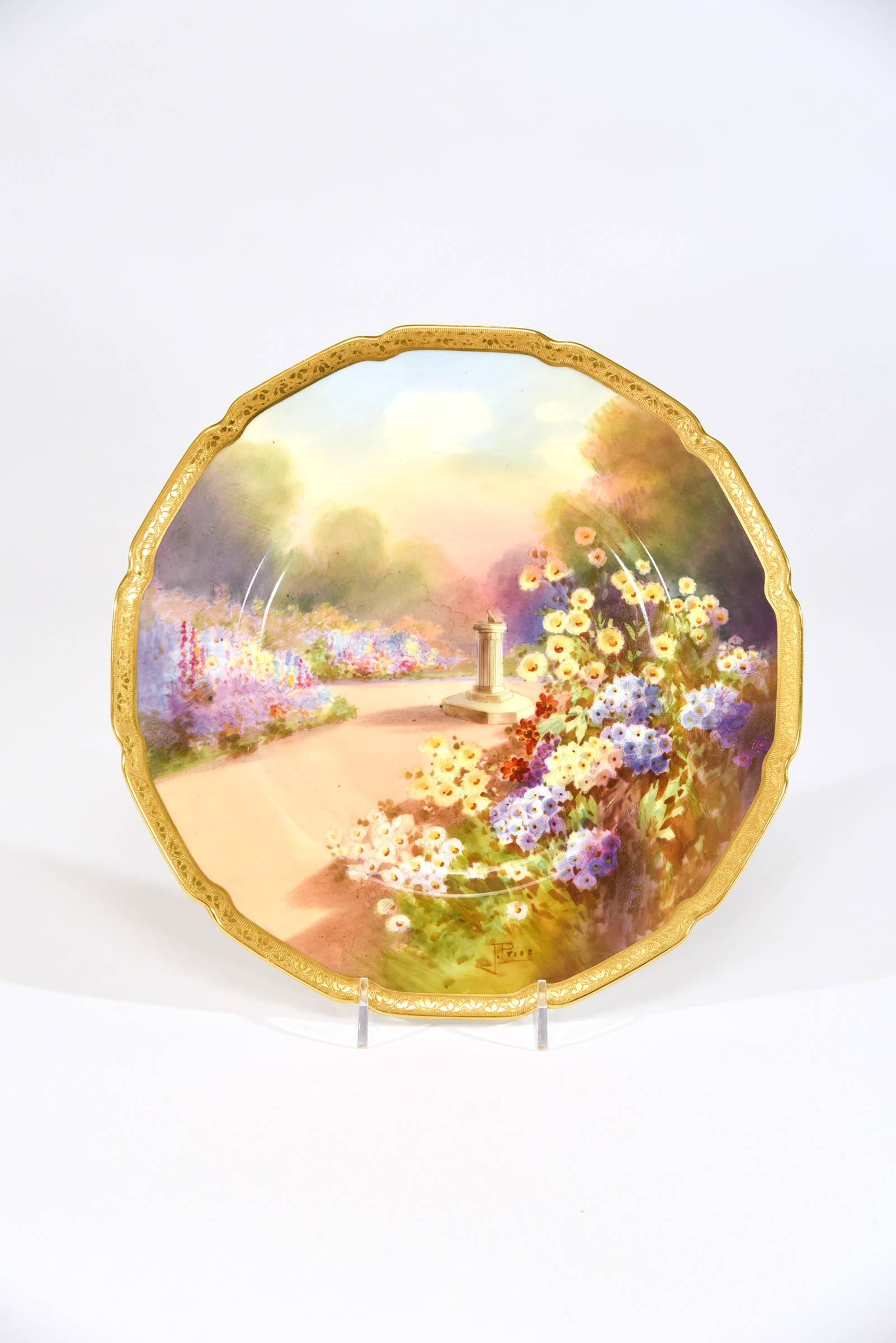 English Set of 12 Royal Doulton Scenic Hand-Painted Artist Signed Garden Plates W/ Gold For Sale