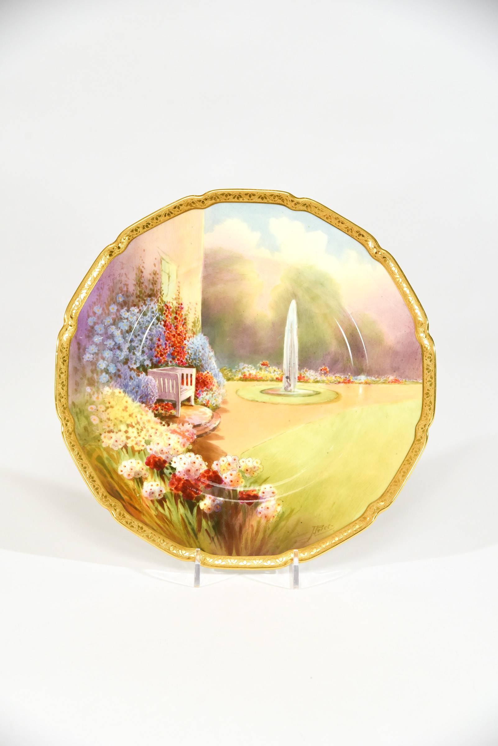 Set of 12 Royal Doulton Scenic Hand-Painted Artist Signed Garden Plates W/ Gold In Excellent Condition For Sale In Great Barrington, MA