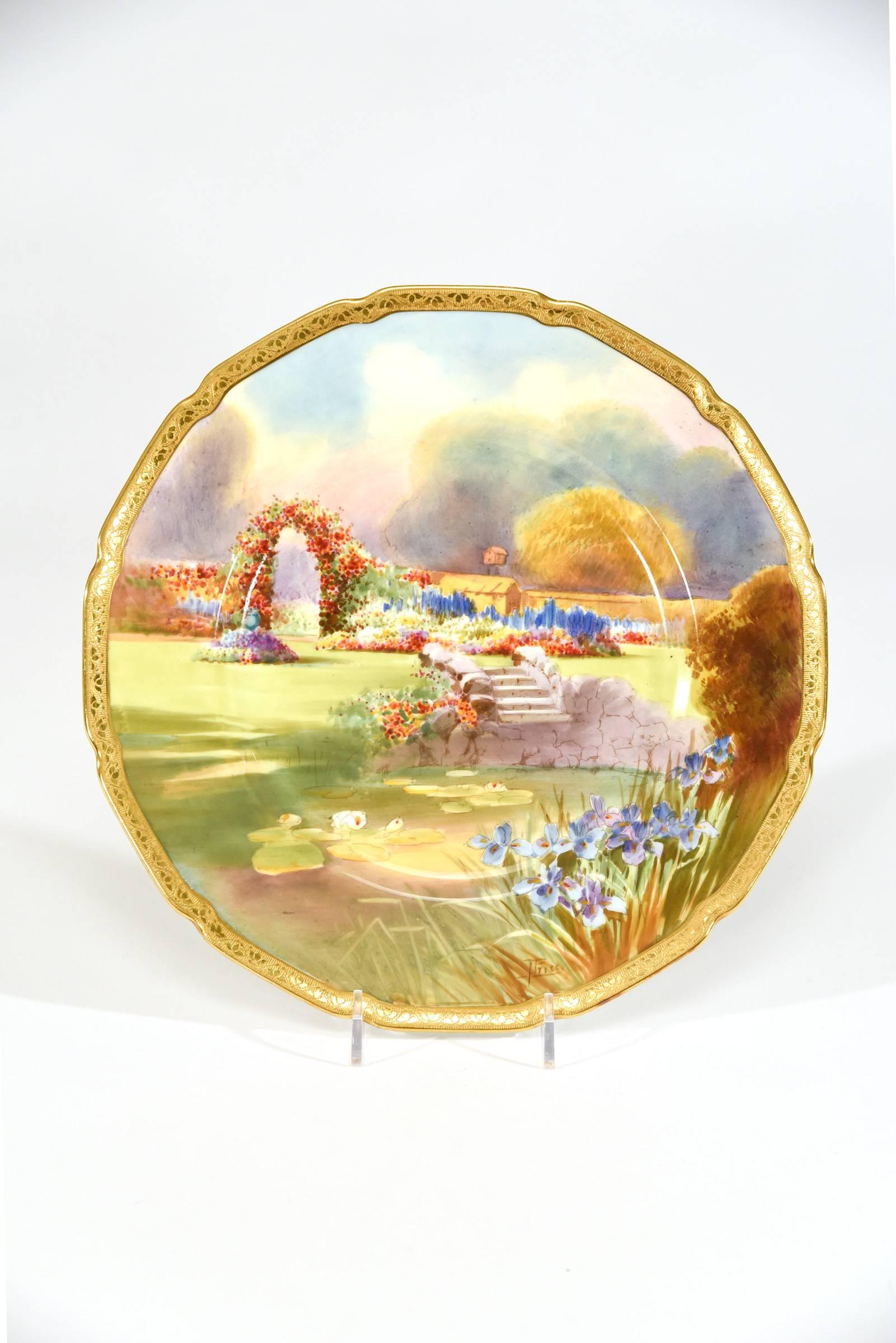 Early 20th Century Set of 12 Royal Doulton Scenic Hand-Painted Artist Signed Garden Plates W/ Gold For Sale