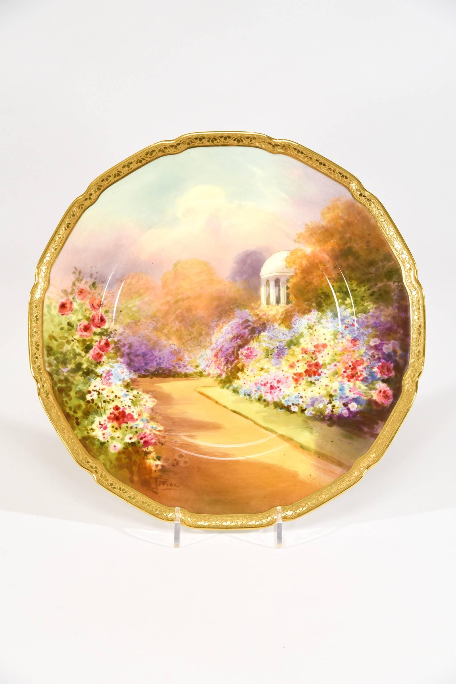 Porcelain Set of 12 Royal Doulton Scenic Hand-Painted Artist Signed Garden Plates W/ Gold For Sale