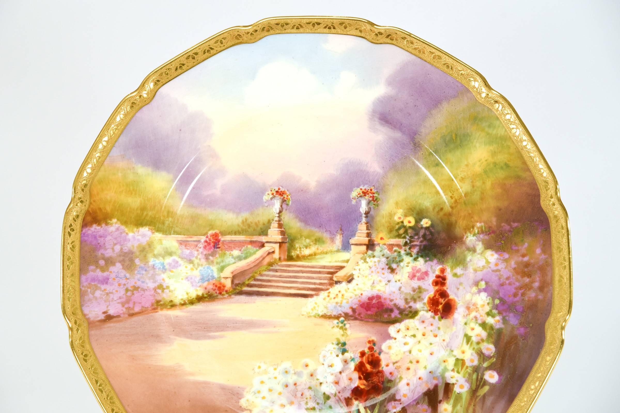 Set di 12 piatti da giardino Royal Doulton Scenic dipinti a mano dall'artista e firmati con oro in vendita 1