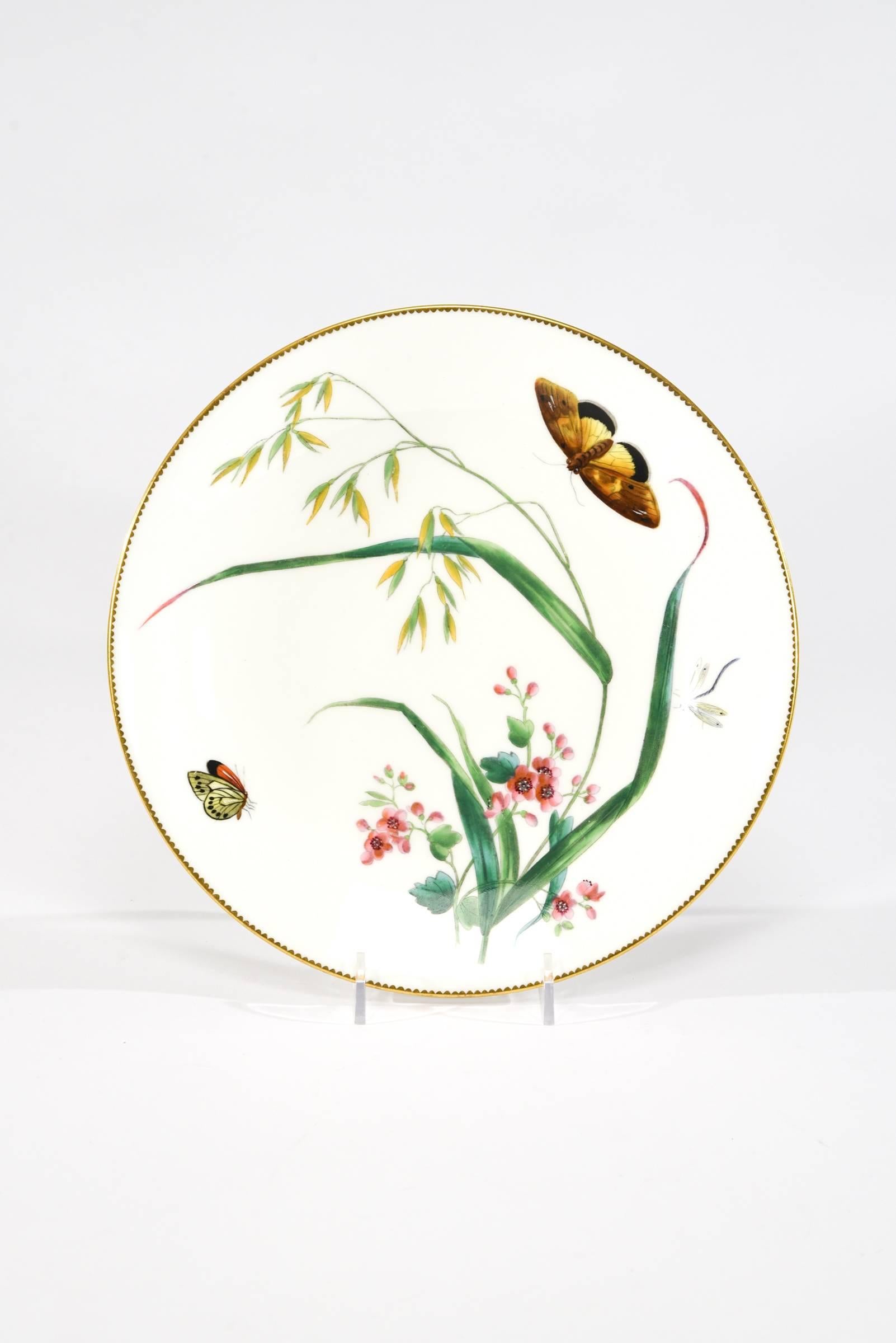 English 11 Aesthetic Movement Minton Hand Painted Botanical Dessert Plates Butterflies For Sale