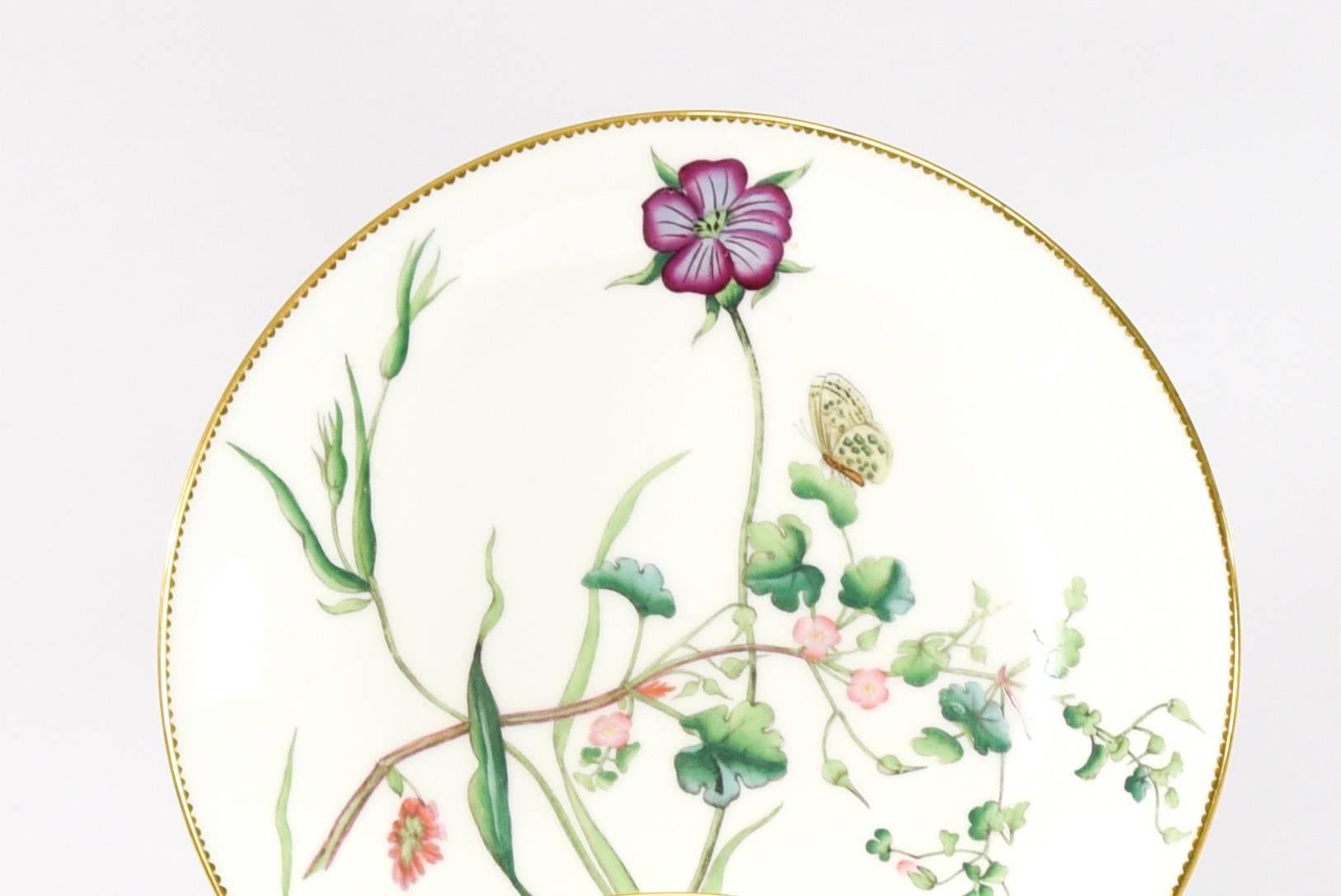 Hand-Painted 11 Aesthetic Movement Minton Hand Painted Botanical Dessert Plates Butterflies For Sale