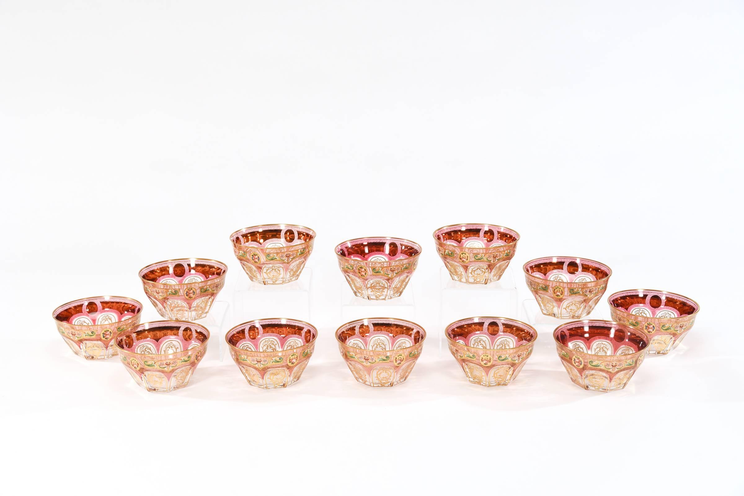 12 Baccarat Octagonal Crystal Bowls with Hand-Painted and Gilt Decoration In Excellent Condition In Great Barrington, MA