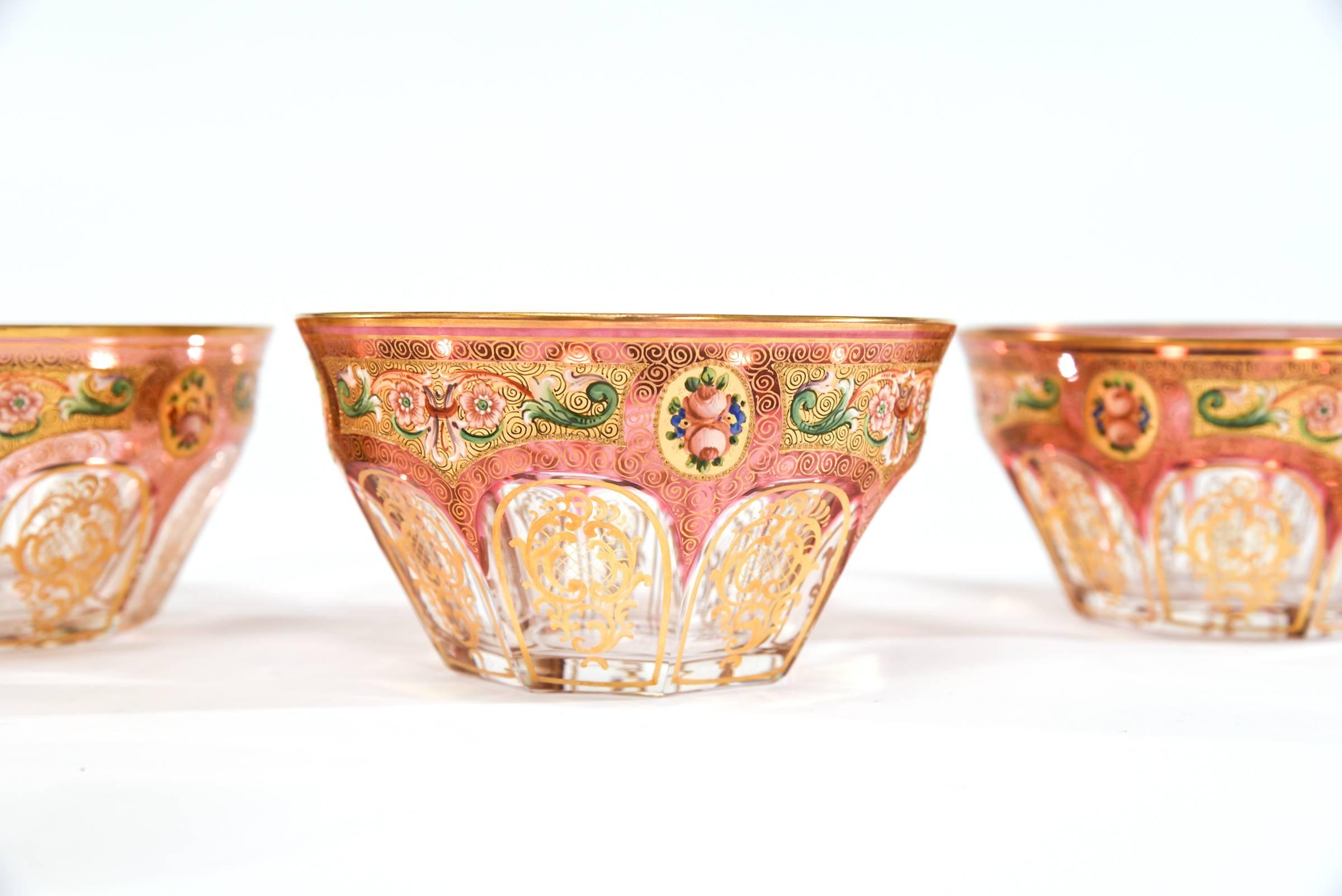 French 12 Baccarat Octagonal Crystal Bowls with Hand-Painted and Gilt Decoration