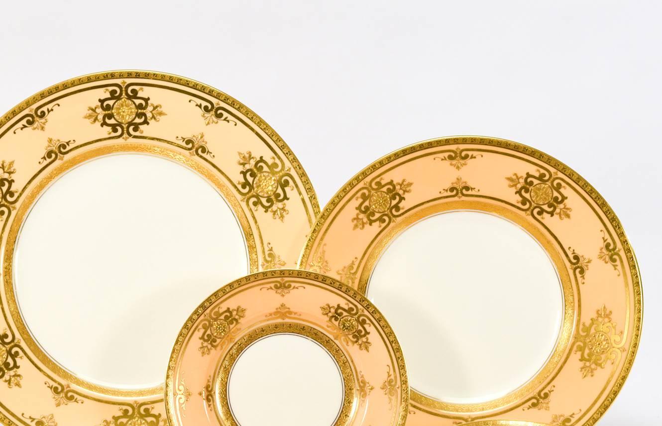 Neoclassical Minton for Tiffany Complete Dinner Service for 12 Caramel, White & Raised Gold For Sale