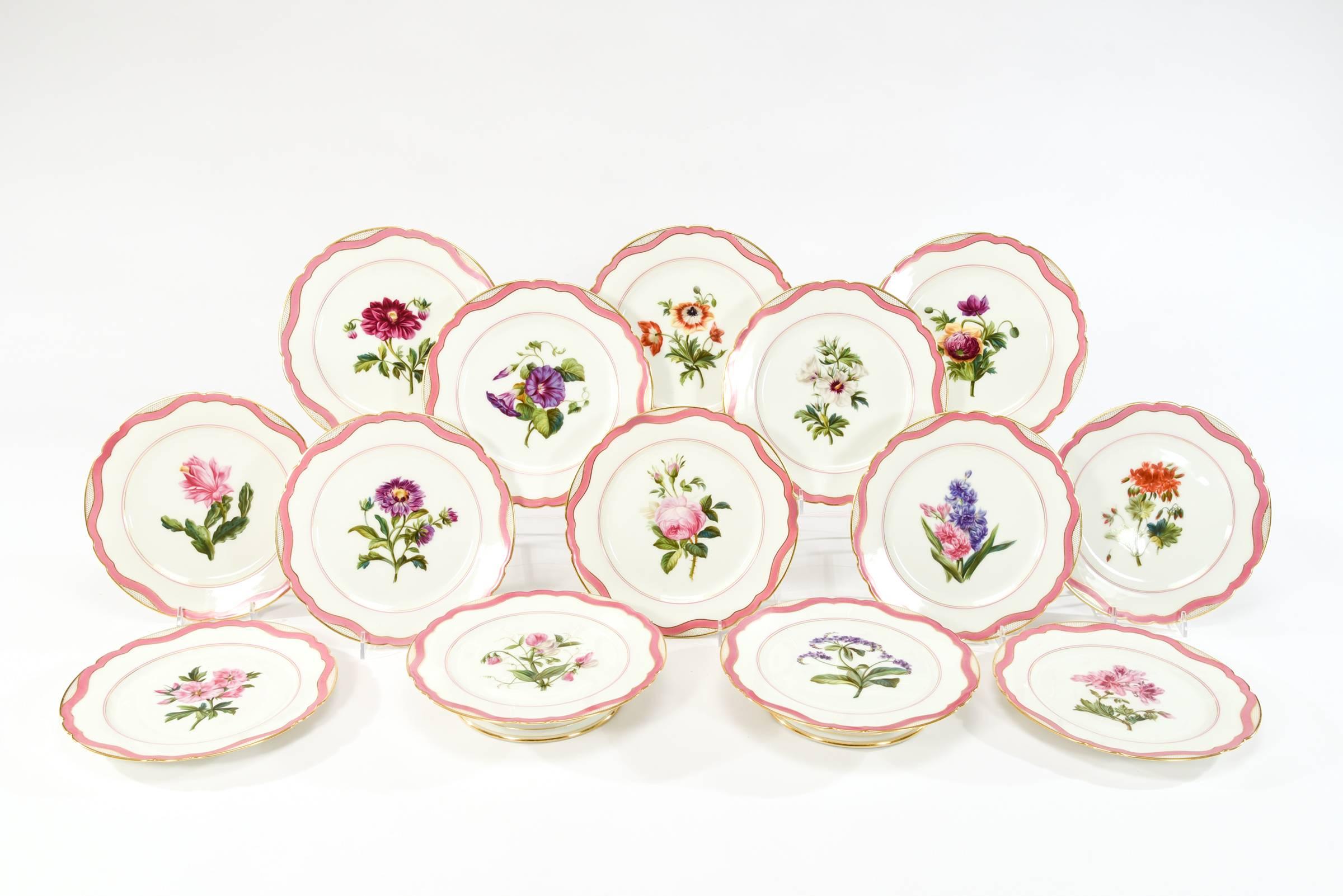 This is an extensive and exquisite 19th century dessert service made by Rihouet, Paris, circa 1820s. Each piece is superbly hand painted with a unique botanical specimen framed by the iconic "Rose DuBarry" ribbon border and trimmed in