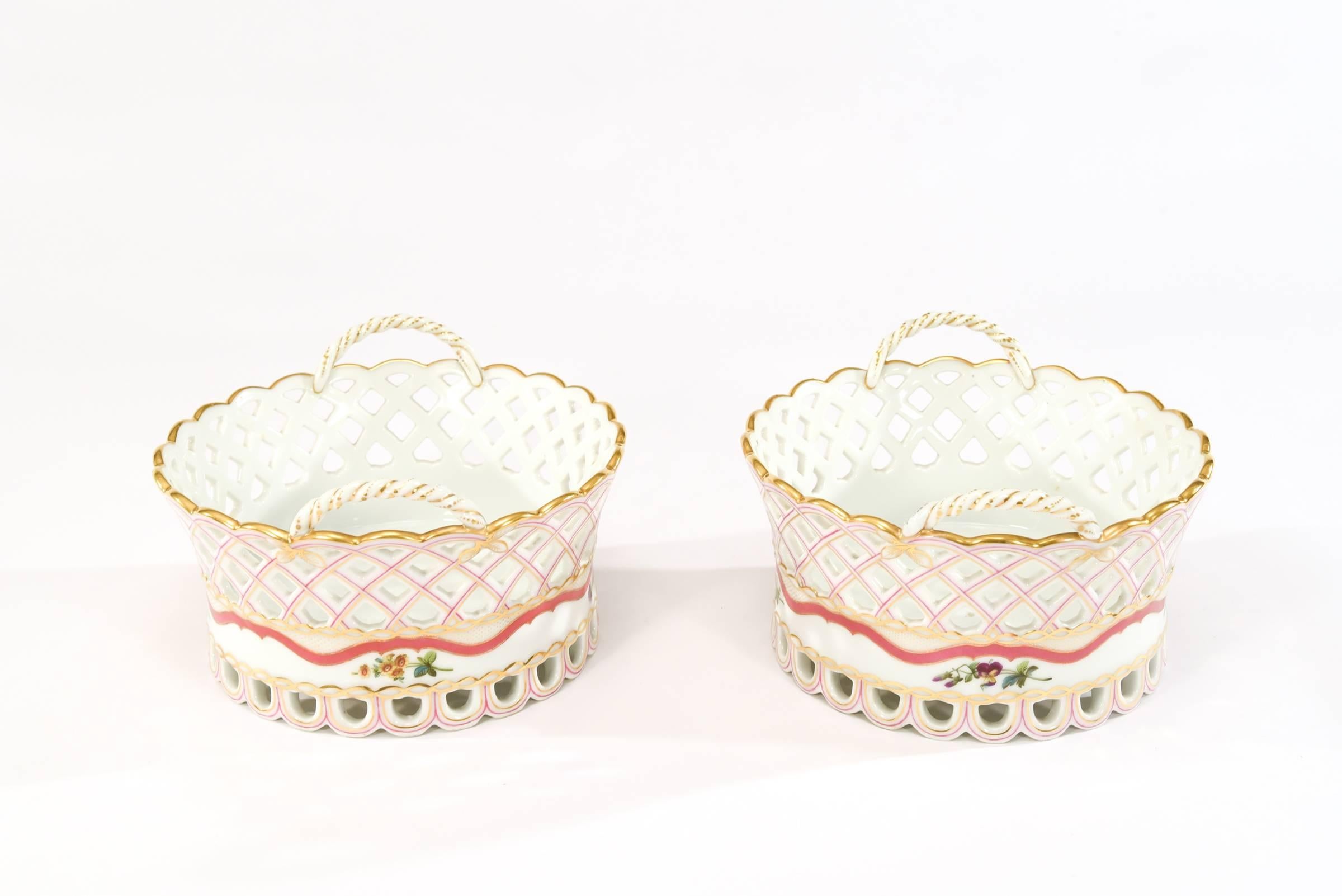 French 19th C Handpainted Botanical Rihouet Paris Porcelain Pink Dessert Service 17 Pcs For Sale