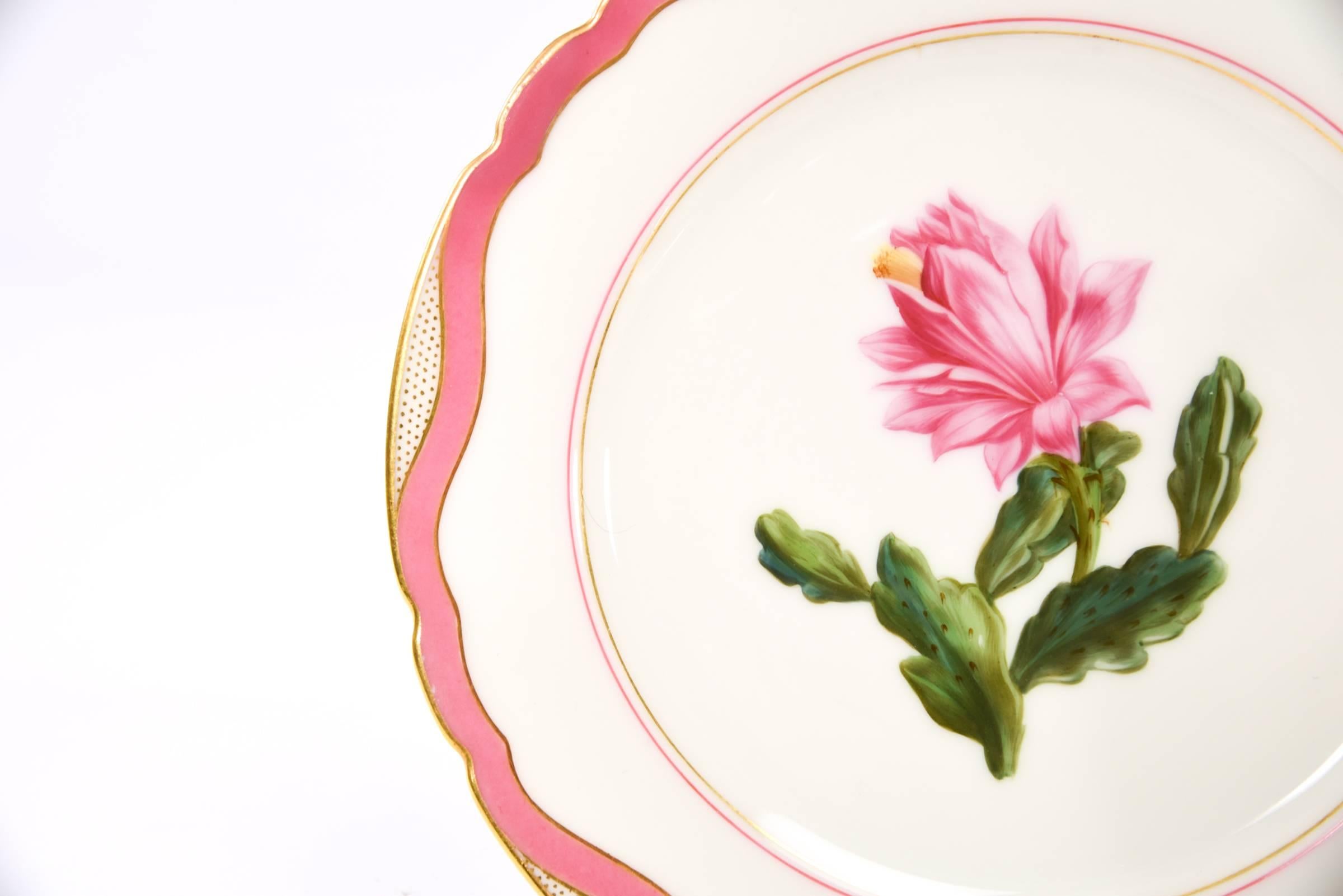 Early 19th Century 19th C Handpainted Botanical Rihouet Paris Porcelain Pink Dessert Service 17 Pcs For Sale