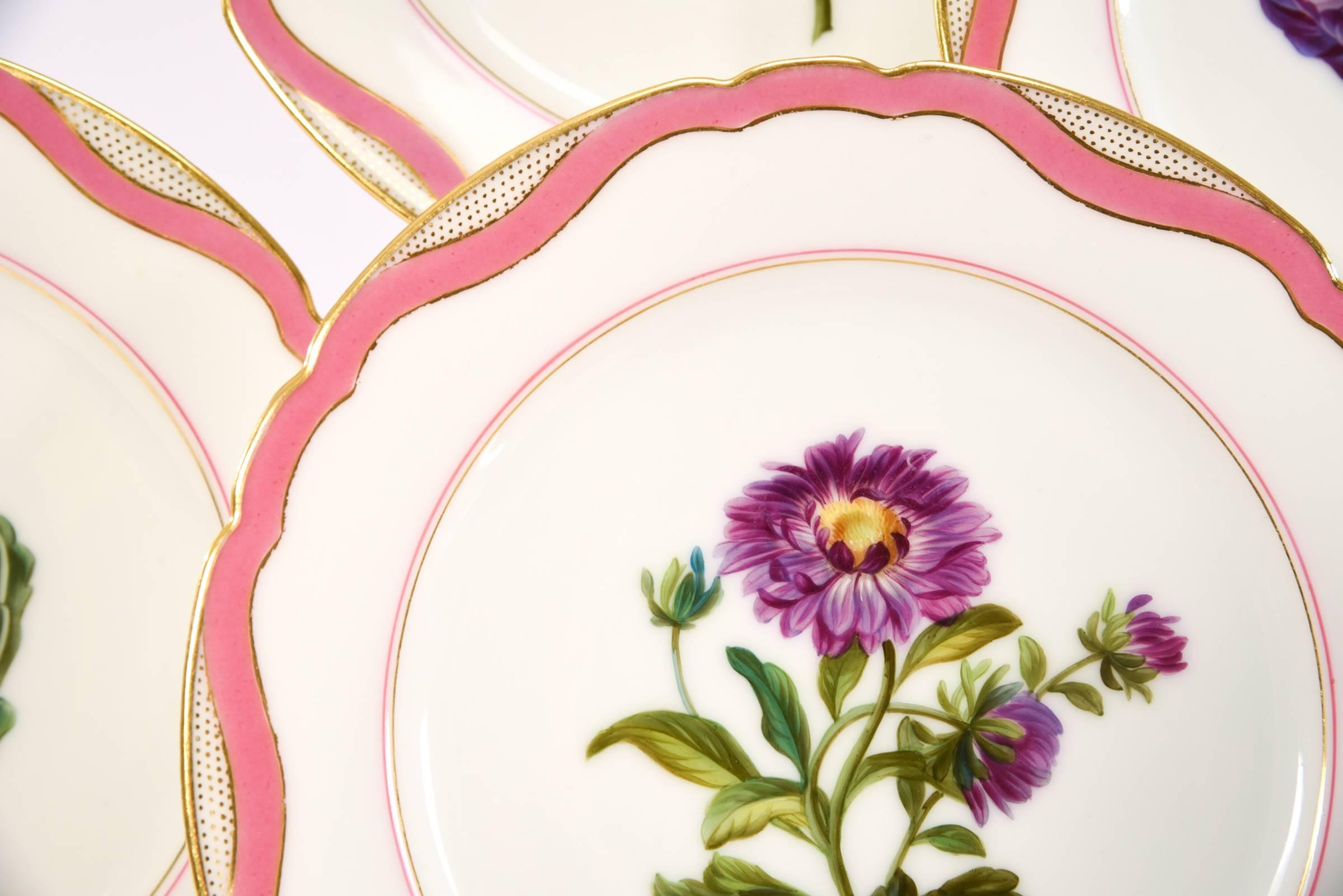 19. Jahrhundert Handbemalte botanische Rihouet Pariser Porzellan Rosa Dessertservice 17 Teile im Angebot 2