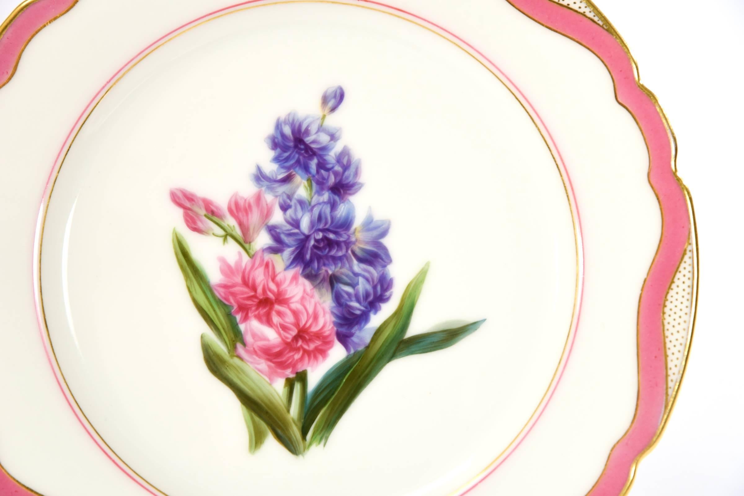 19th C Handpainted Botanical Rihouet Paris Porcelain Pink Dessert Service 17 Pcs For Sale 2