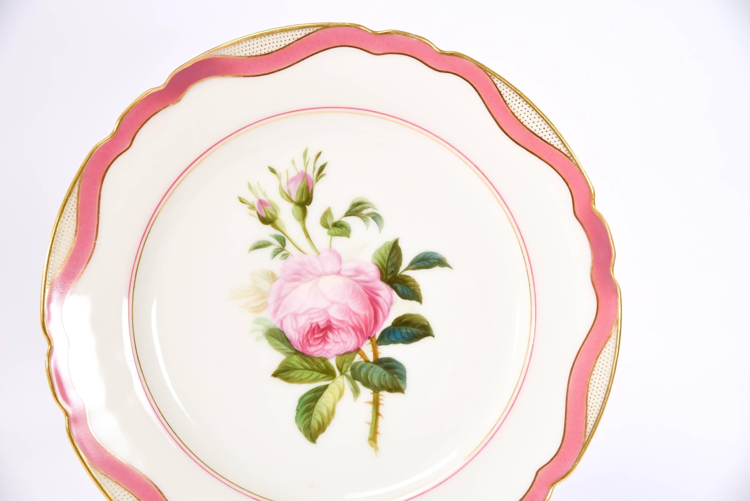 19th C Handpainted Botanical Rihouet Paris Porcelain Pink Dessert Service 17 Pcs For Sale 3