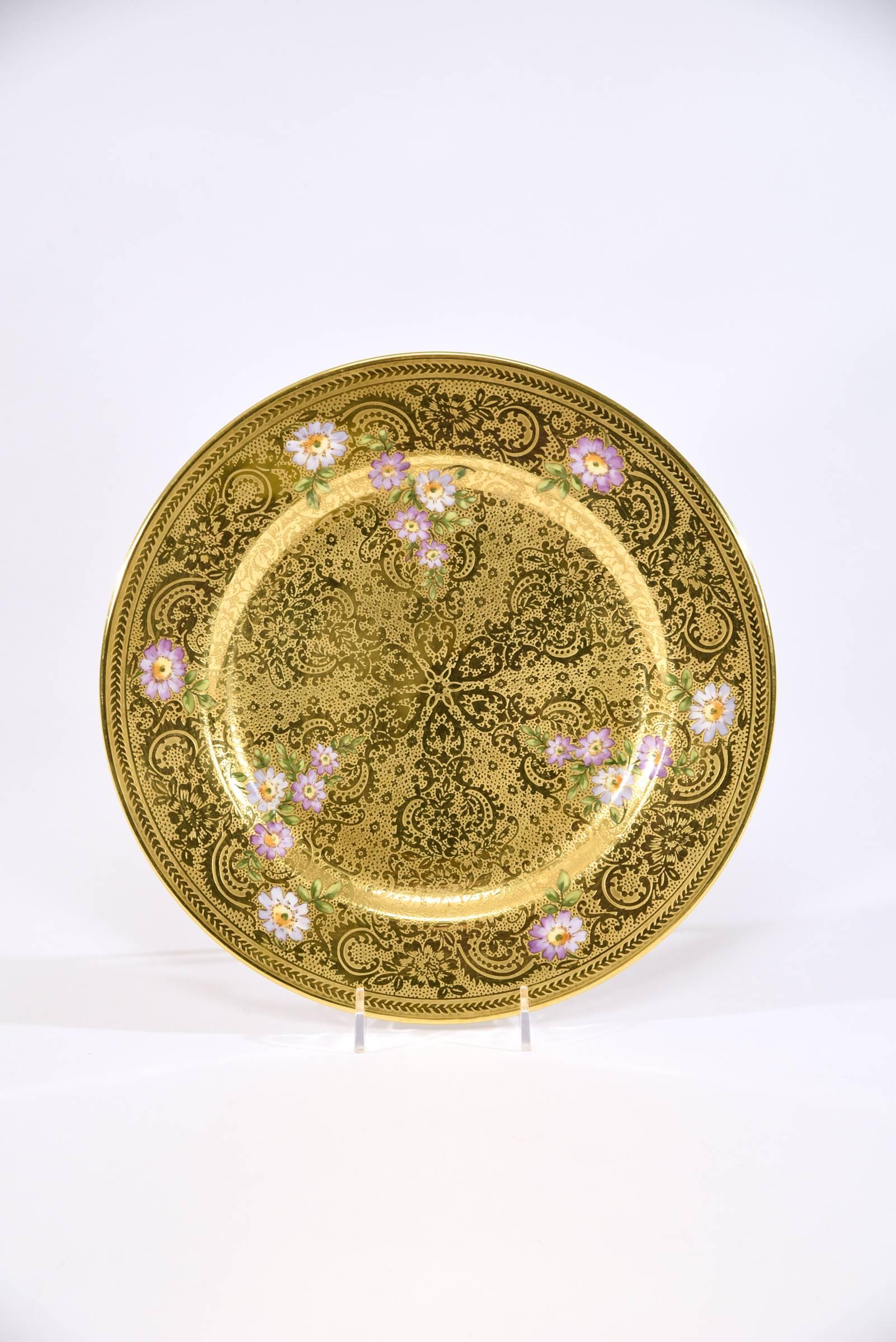 French 12 Limoges Embossed Allover Gold Service Plates with Hand-Painted Purple Flowers