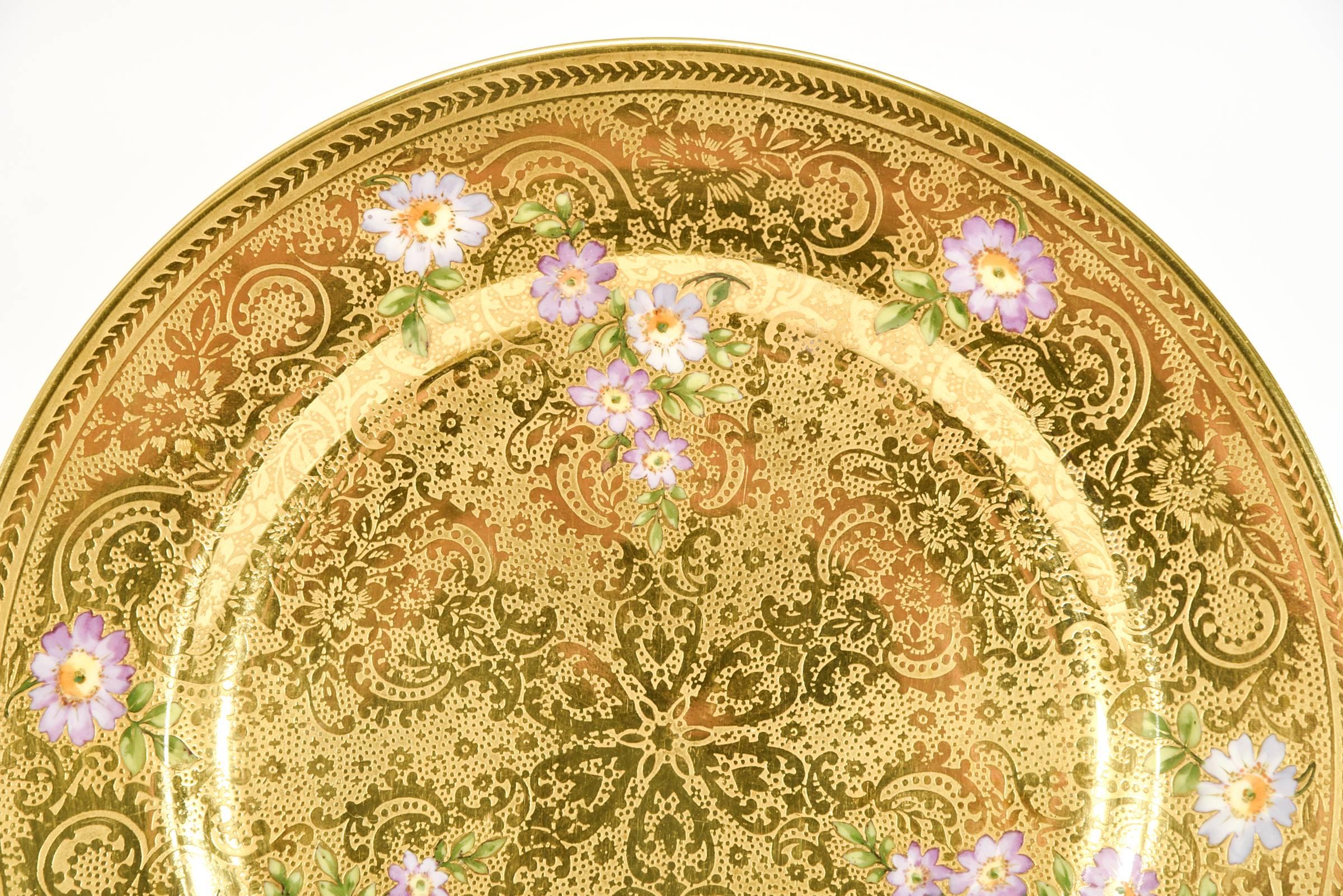 Enameled 12 Limoges Embossed Allover Gold Service Plates with Hand-Painted Purple Flowers
