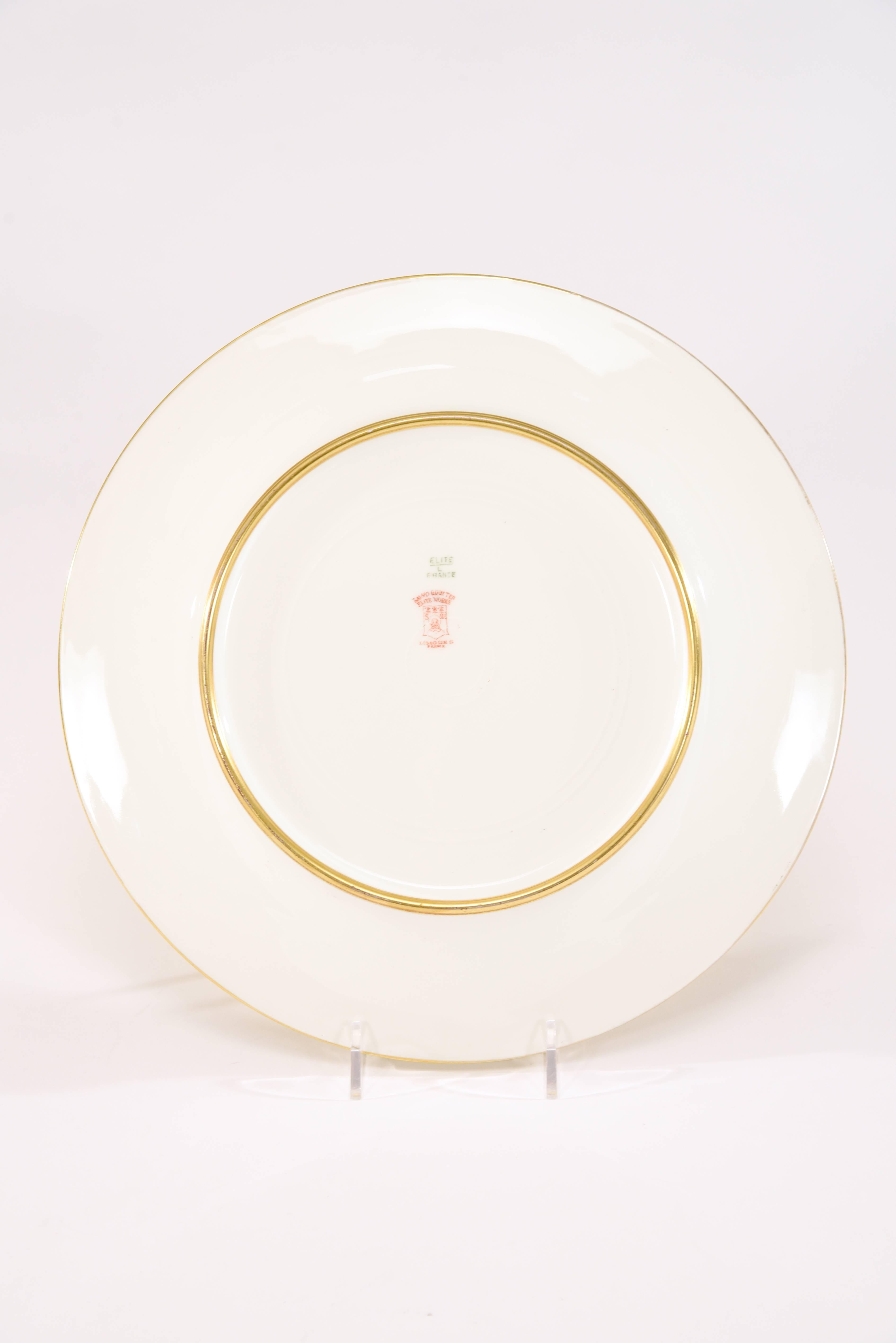 12 Limoges Embossed Allover Gold Service Plates with Hand-Painted Purple Flowers In Excellent Condition In Great Barrington, MA