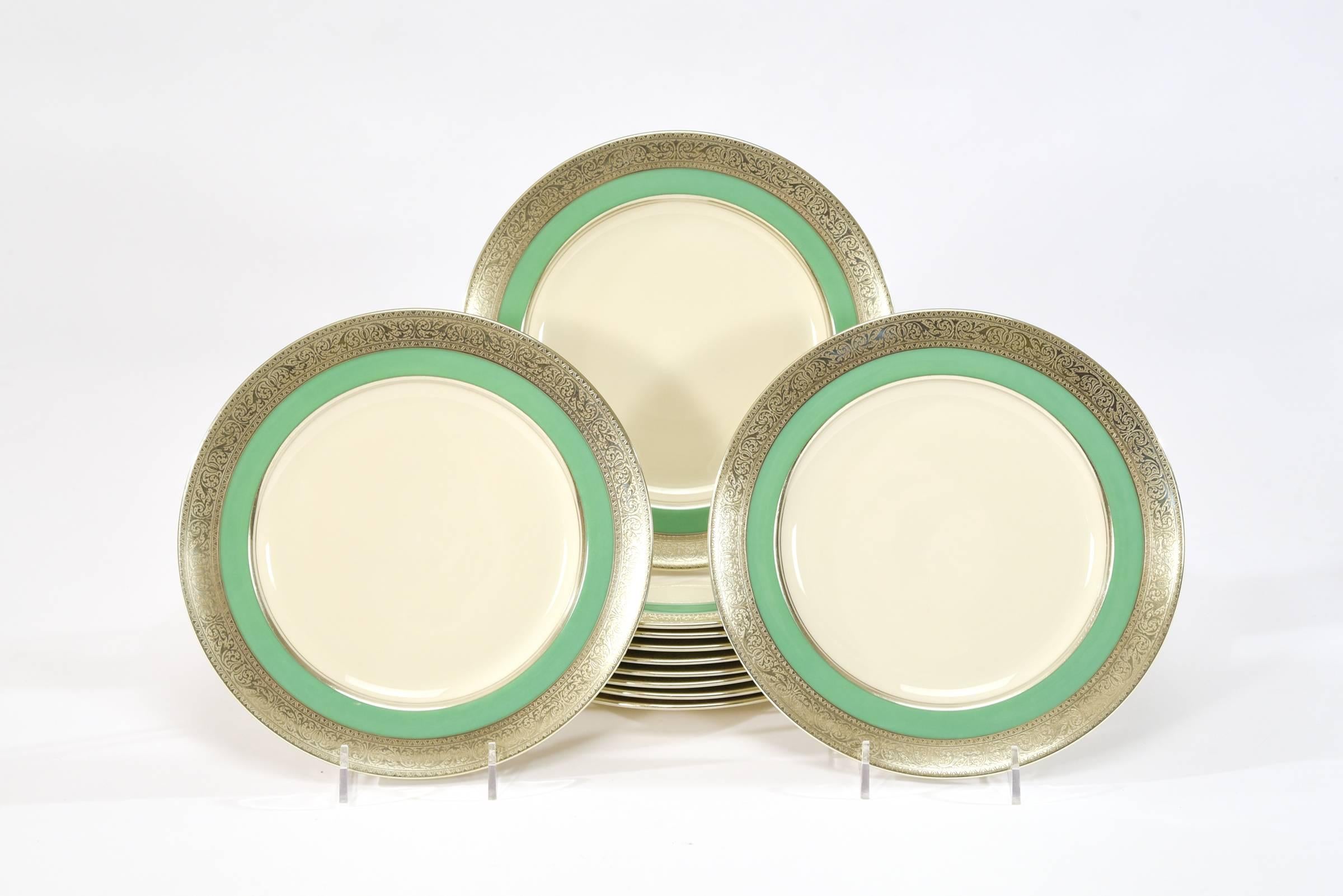 The perfect complement to the set of 12 Sterling and Welch silver overlay dinner/service plates just listed, is this set of 12 Lenox dessert or salad plates with silver overlay borders. It's as if they were made to go together! The simple and