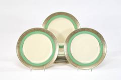 Set of 12 Lenox Green & Ivory Dessert Plates with Silver Overlay Borders, 1920s